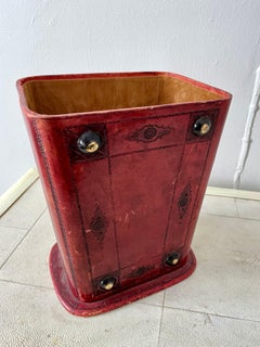 Italian Hand-Tooled Red Leather Waste Paper Basket