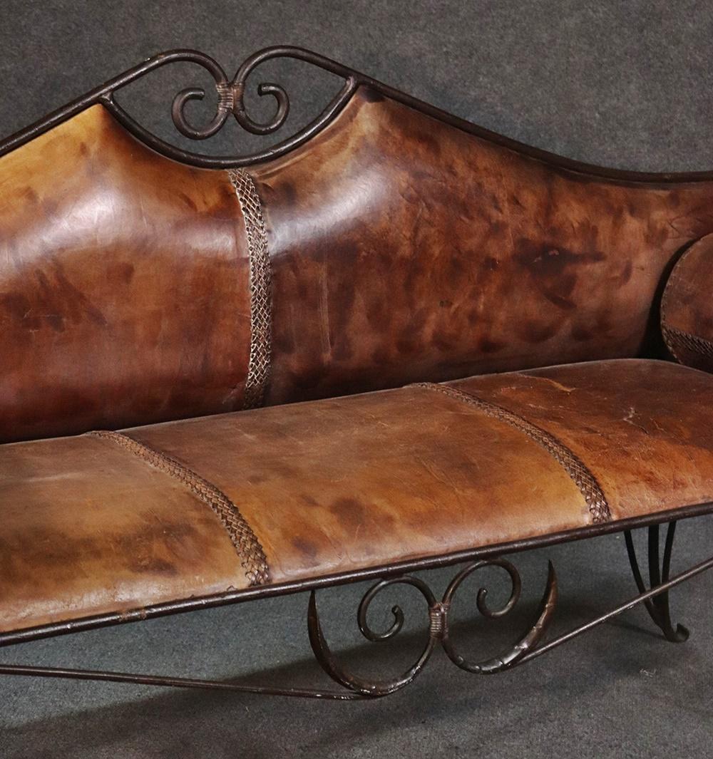 Italian Handwrought Iron Leather Upholstered Window Bench Settee 2