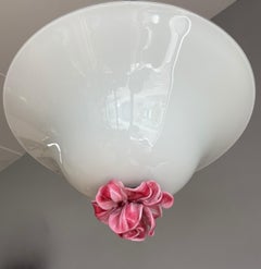 Italian Handblown Milk Glass Flush Mount with Pink Glass Flower, circa 1970