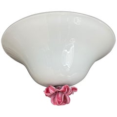 Italian Handblown Milk Glass Flush Mount with Pink Glass Flower, circa 1970