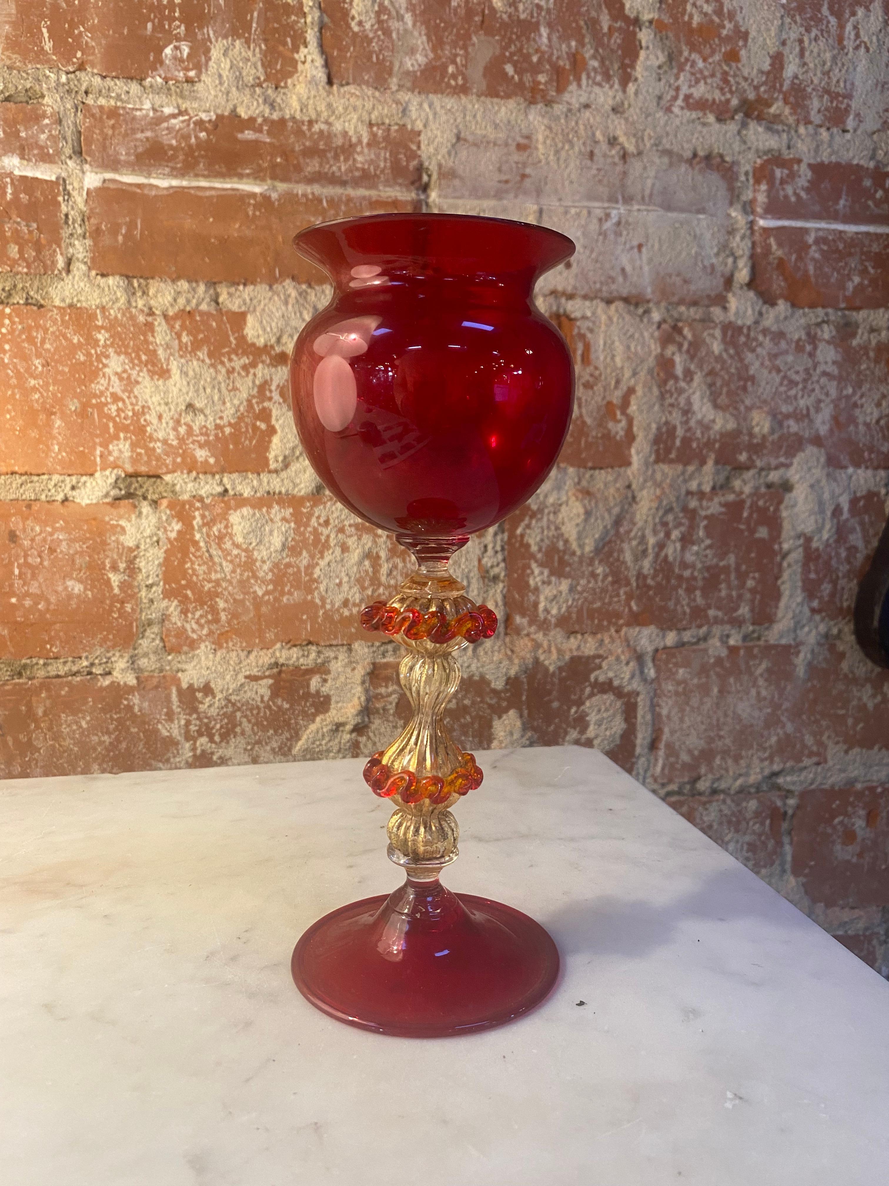 Italian handcrafted chalice in blown Murano red glass.