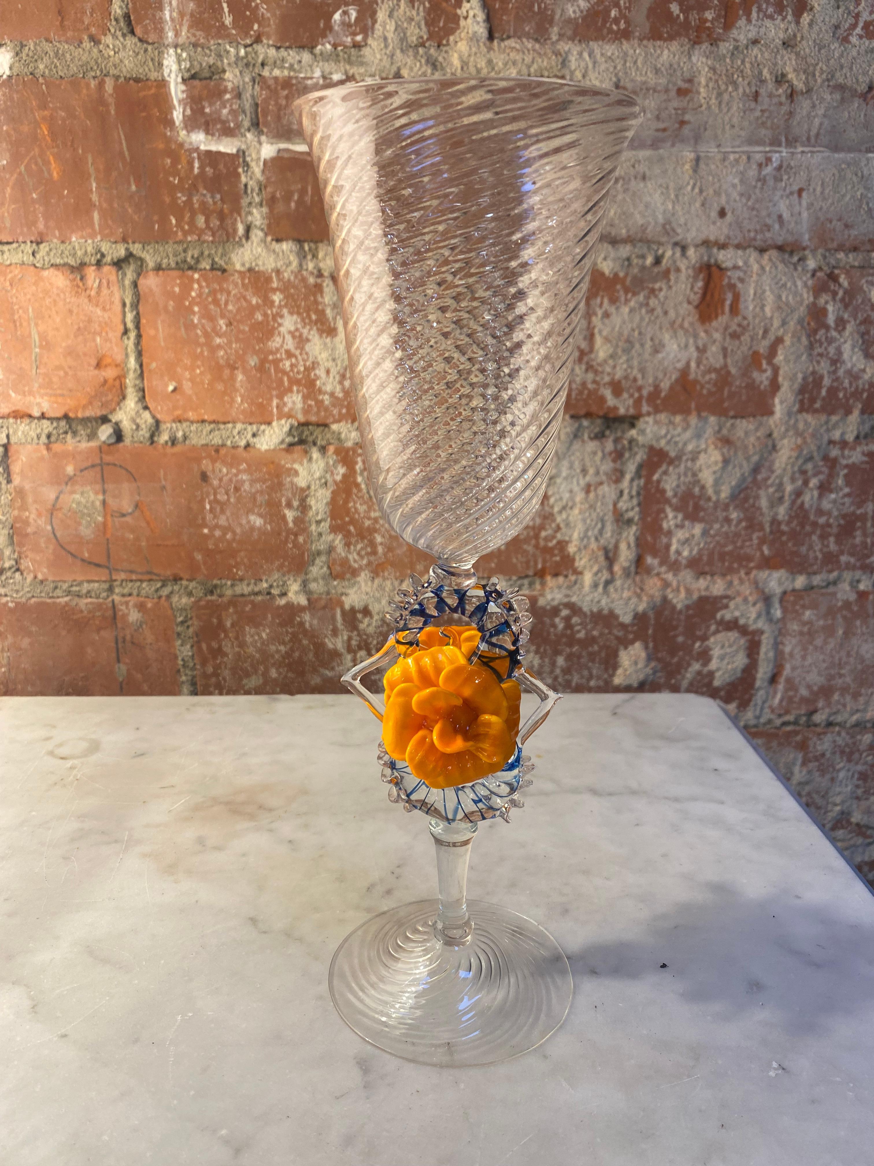 Vintage Italian Handcrafted Chalice in Blown Murano Glass with a rose at the base made in Italy 1970s.