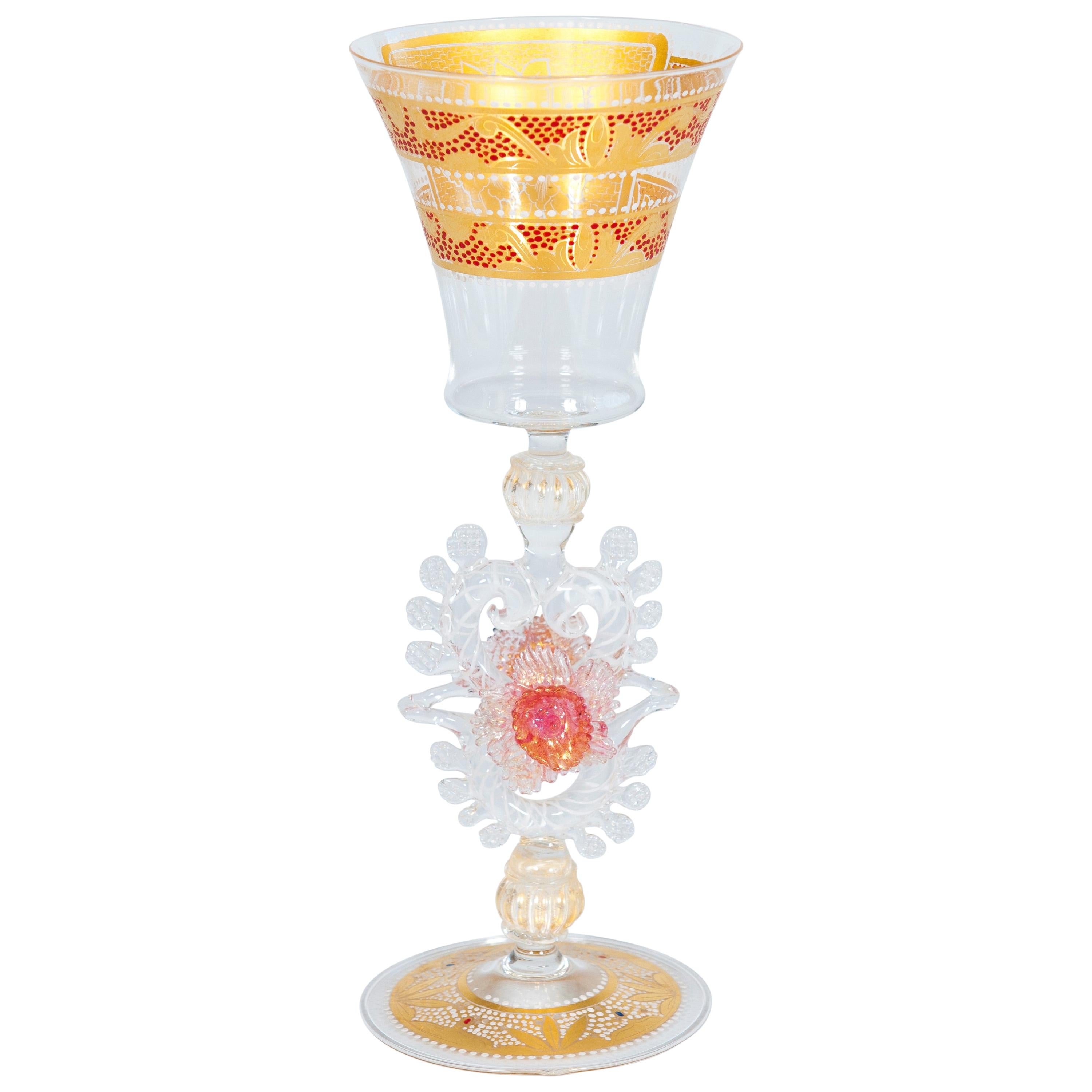Italian Handcrafted Chalice in Blown Murano Glass Clear Color and Gold, 1990s