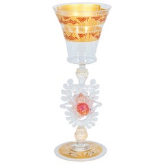 Vintage Italian Handcrafted Chalice in Blown Murano Glass Clear Color and Gold, 1990s