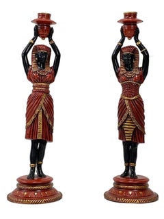 Italian Handcrafted Egyptian Figurine Candlesticks, Red Black Gold Decorative Pa