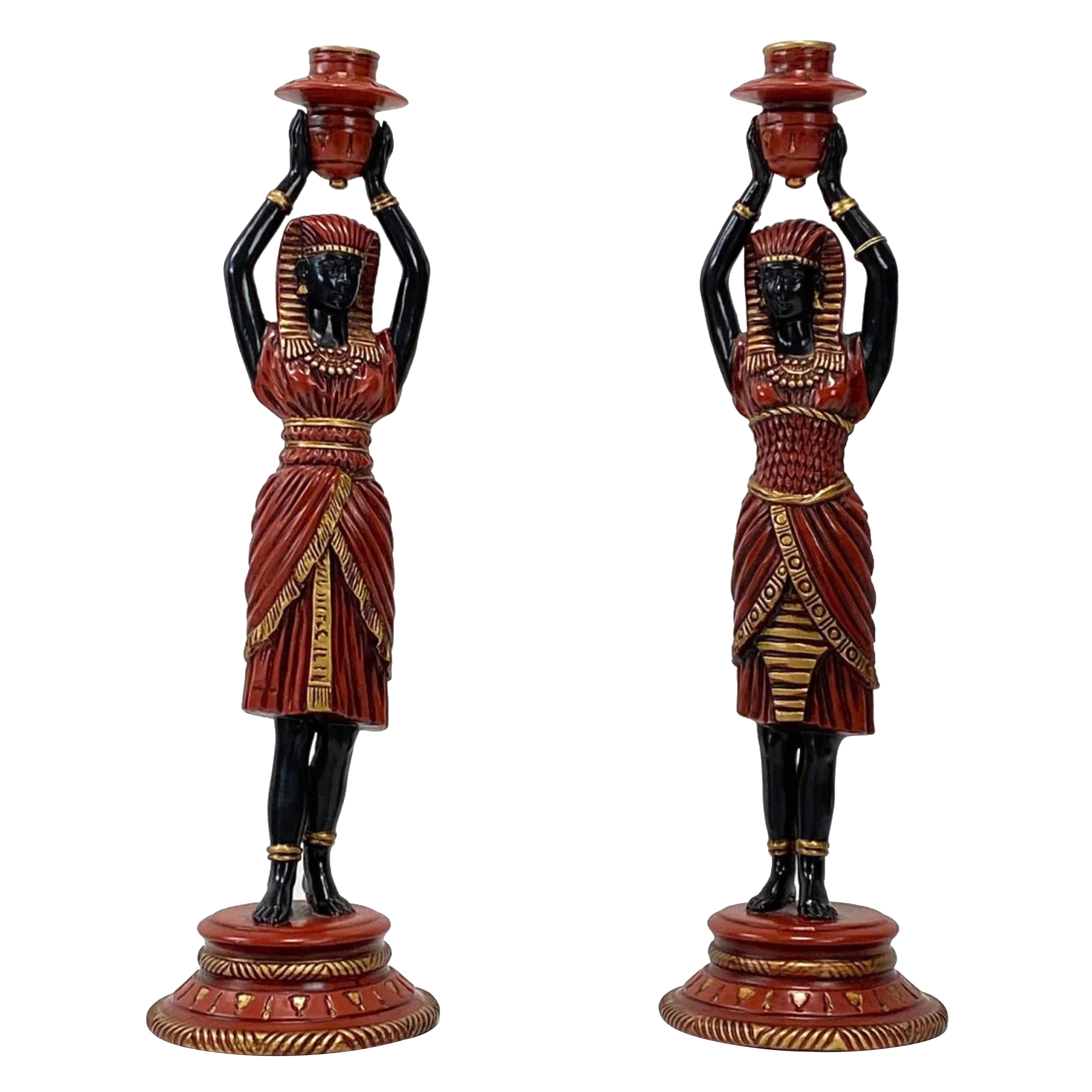 Italian Handcrafted Egyptian Figurine Candlesticks, Red Black Gold Decorative Pa For Sale