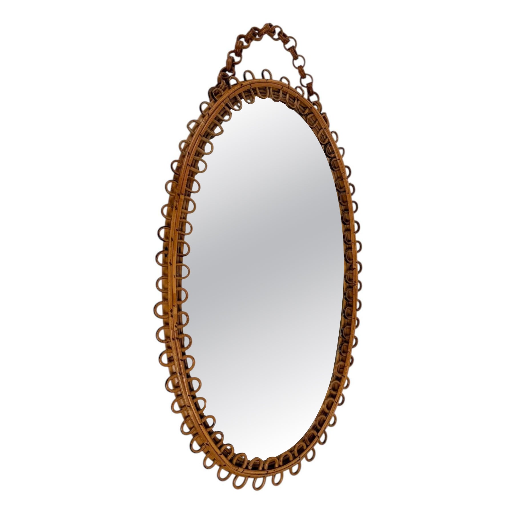 Italian Handcrafted Mid-Century Modern Oval Cane and Bamboo Mirror, Albini Style