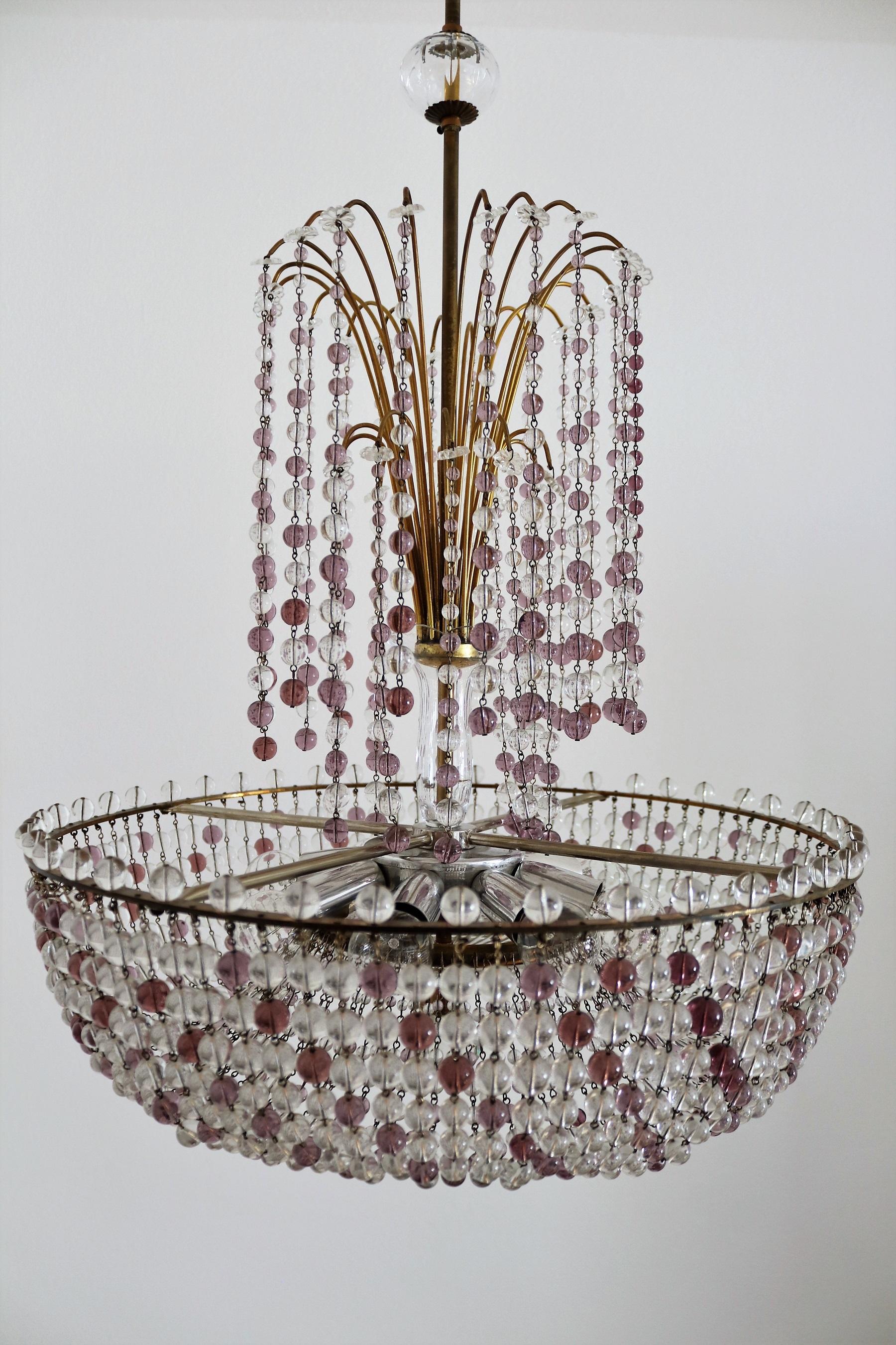 Italian Art Nouveau Handcrafted Murano Waterfall Chandelier in Crystal and Brass For Sale 9