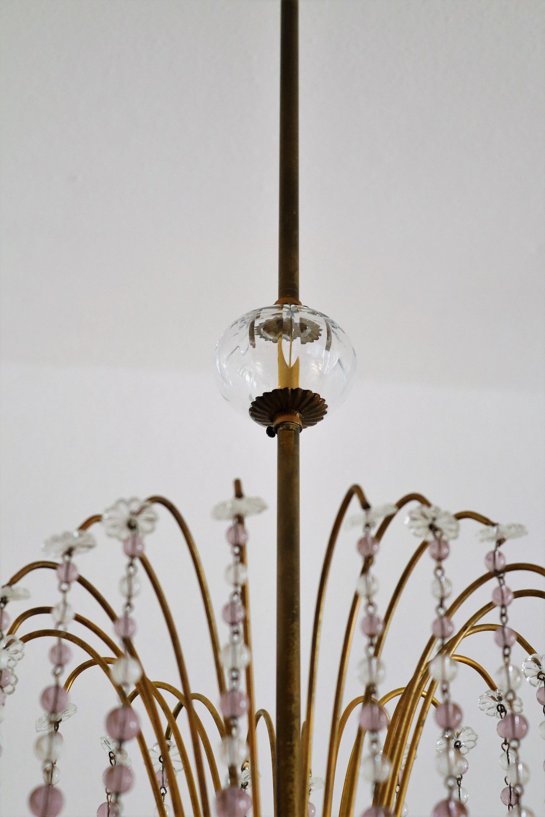 Italian Art Nouveau Handcrafted Murano Waterfall Chandelier in Crystal and Brass For Sale 1