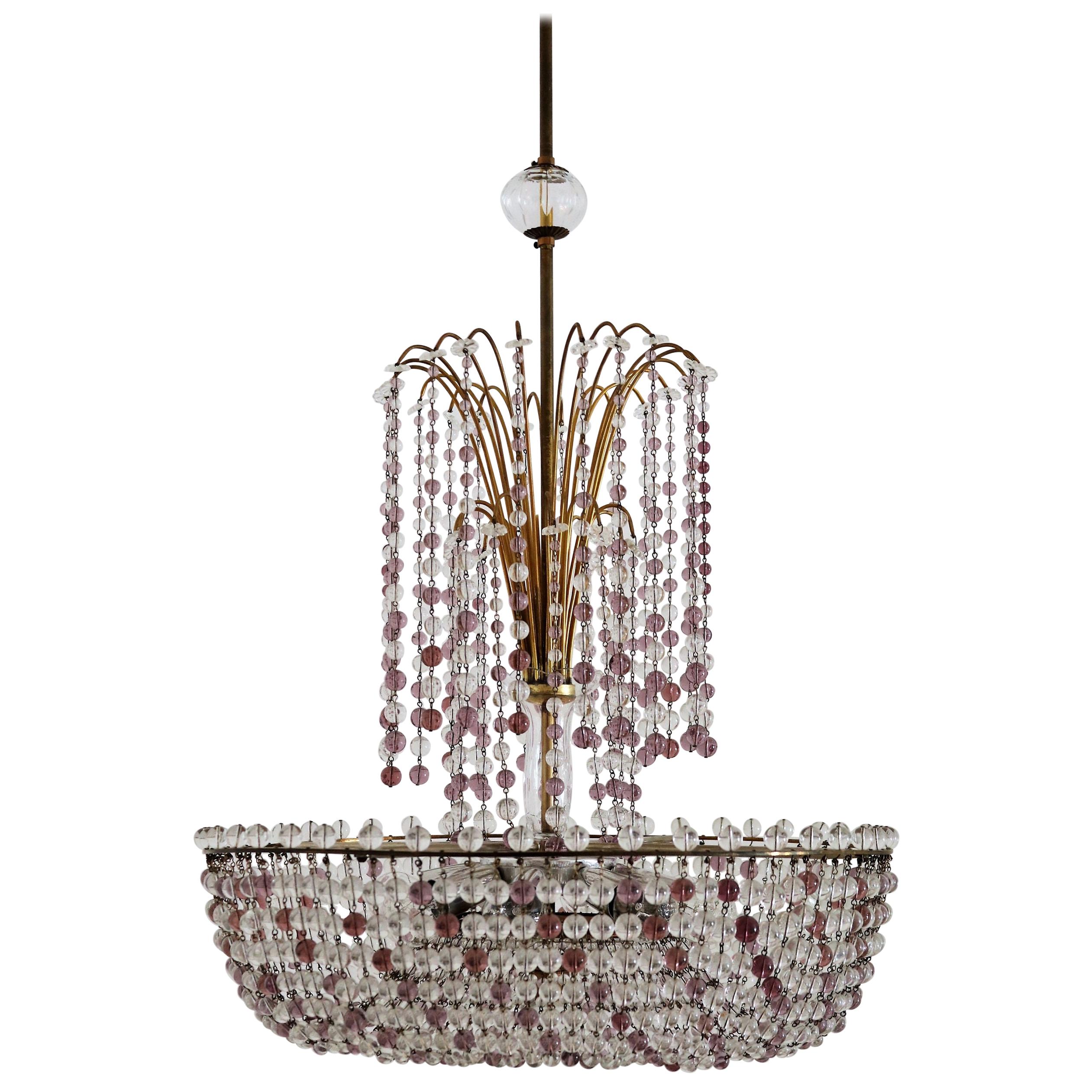 Italian Art Nouveau Handcrafted Murano Waterfall Chandelier in Crystal and Brass