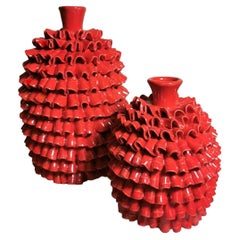 Used Italian Handicrafts Pair of Red Glazed Ceramic Vases