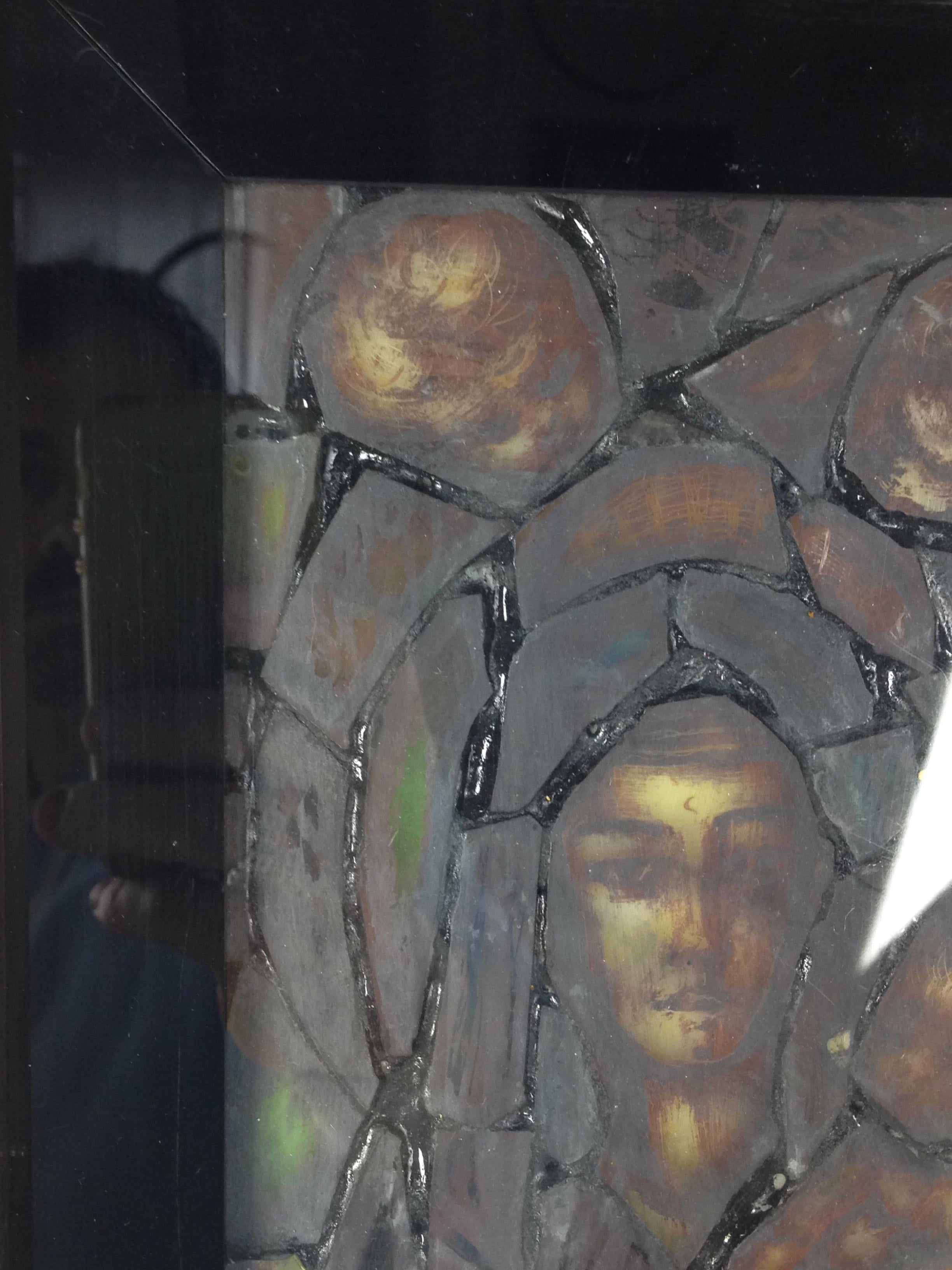 Anodizzato Finestra artistica da parete retroilluminata con Madonna Child & Child e angeli, realizzata a mano in Italia nel 1960 in vendita