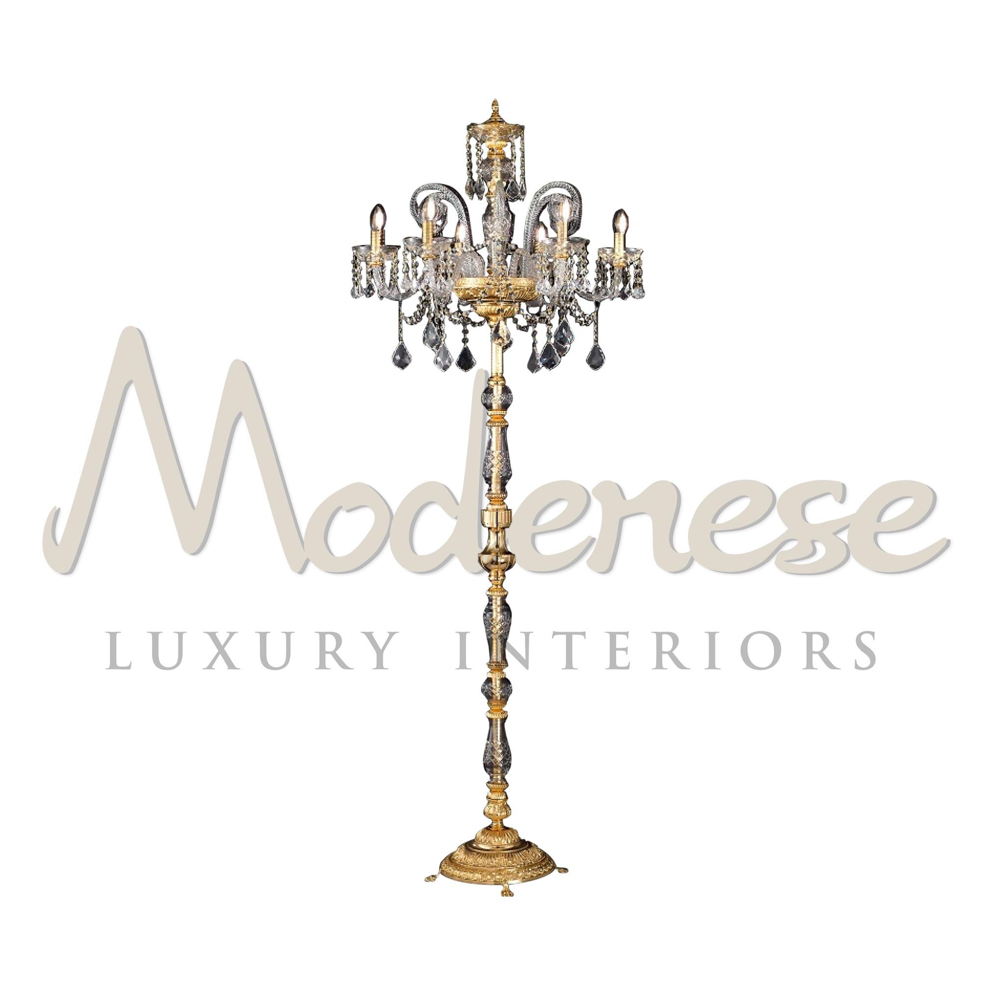 In our offered floor lamps you can find traditional design and innovative materials, as in this 6 lights floor lamp model with gold finishing and crystal, all customized by Modenese Gastone Luxury Interiors. This model requires 6 single E14 screw