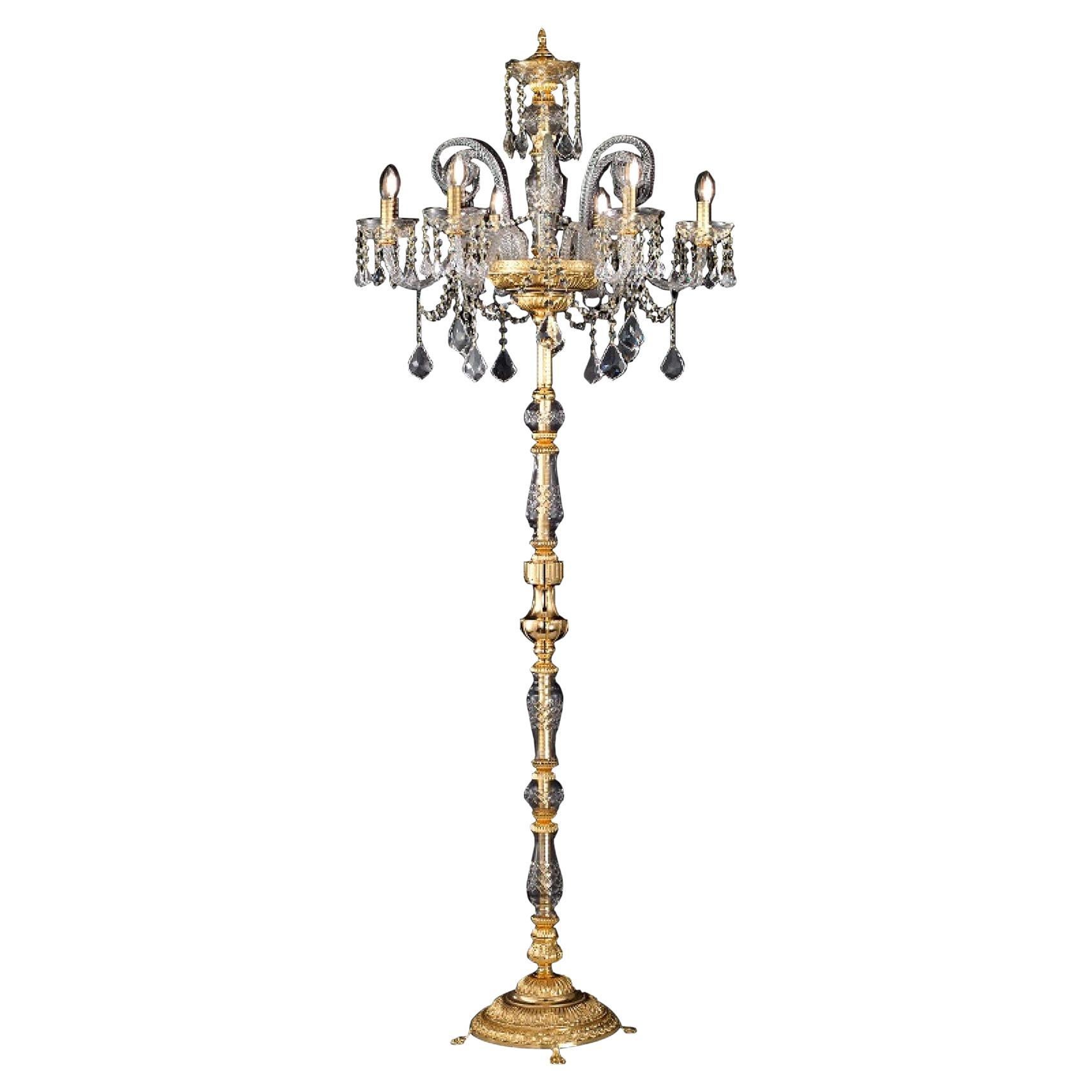 Italian Handmade 6-Lights Floor Lamp in Gold Plated Finish & Transparent Crystal For Sale