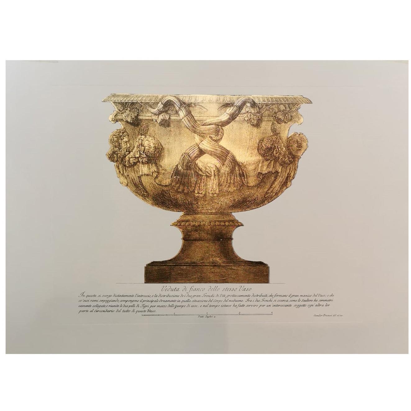 Italian Handmade Antique Vase Print with Press Engraving on Pure Gold Leaf For Sale