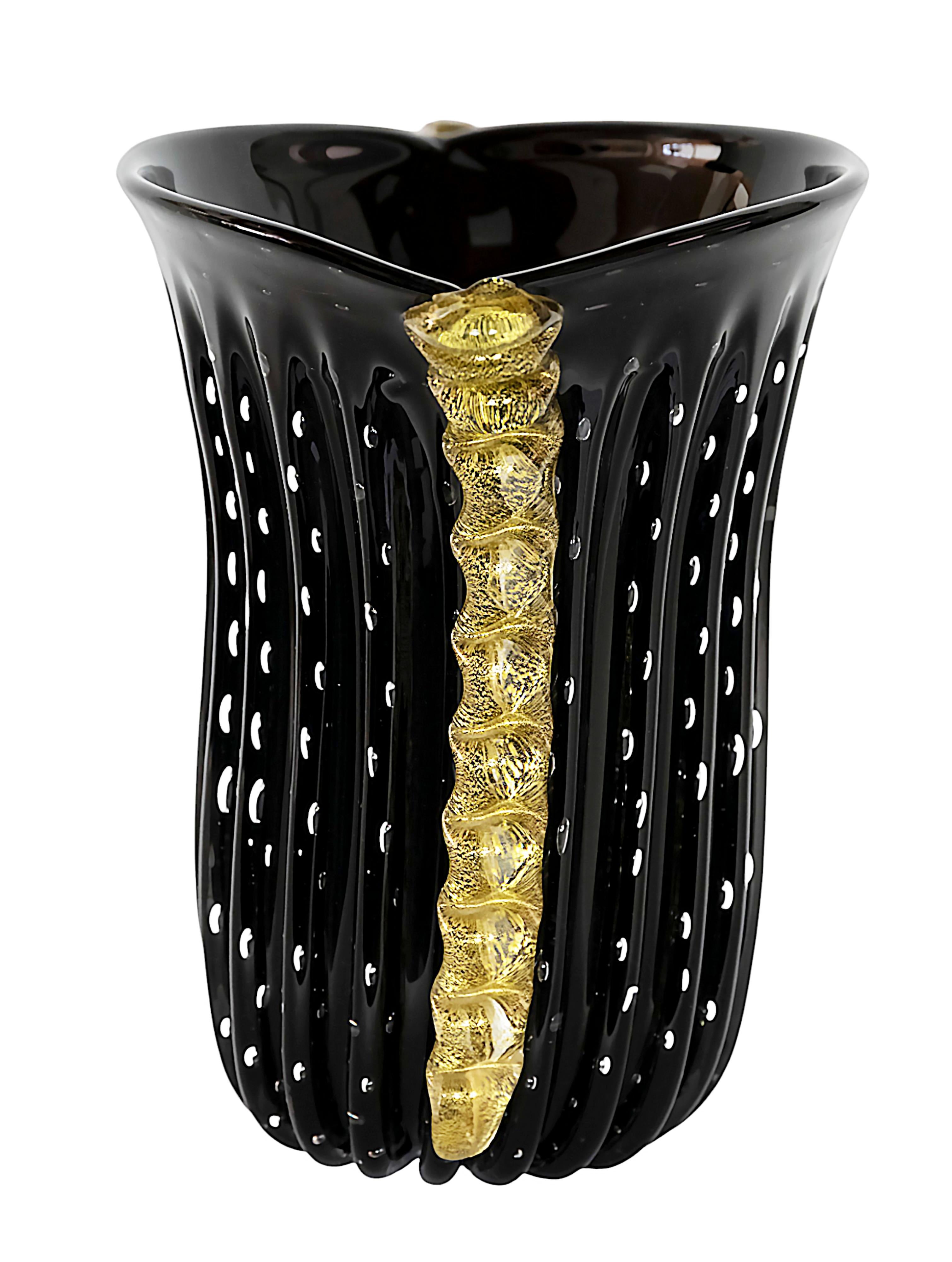 Mid-Century Modern Italian Handmade Black and Gold Murano Glass Vase For Sale