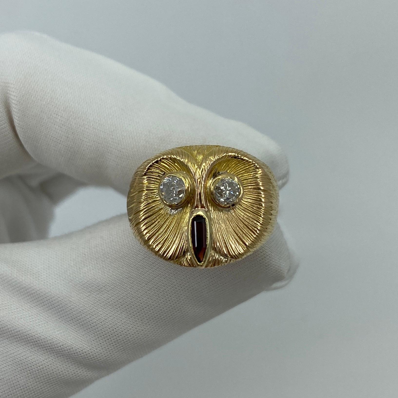 Italian Handmade Diamond & Garnet Owl 18k Yellow Gold Vintage Ring 2