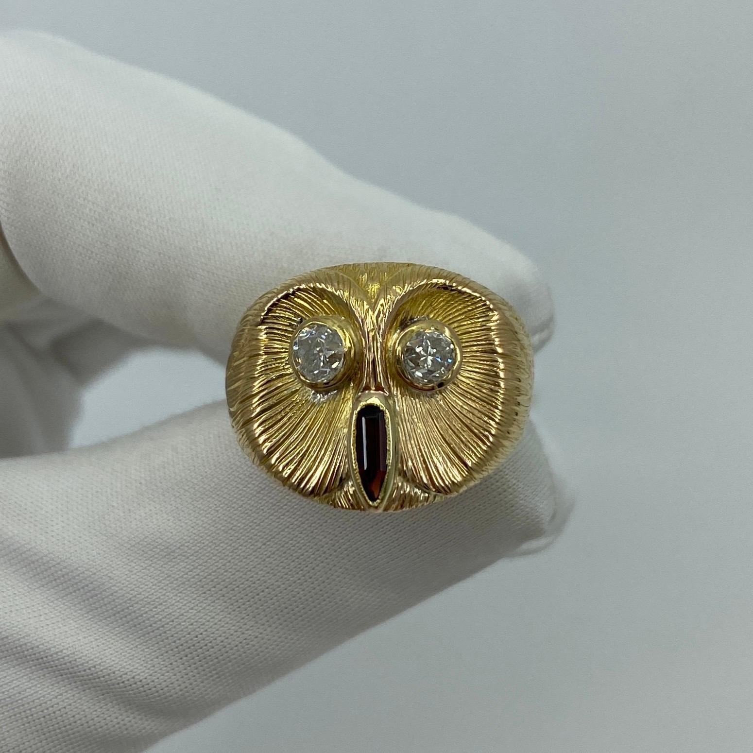 Round Cut Italian Handmade Diamond & Garnet Owl 18k Yellow Gold Vintage Ring