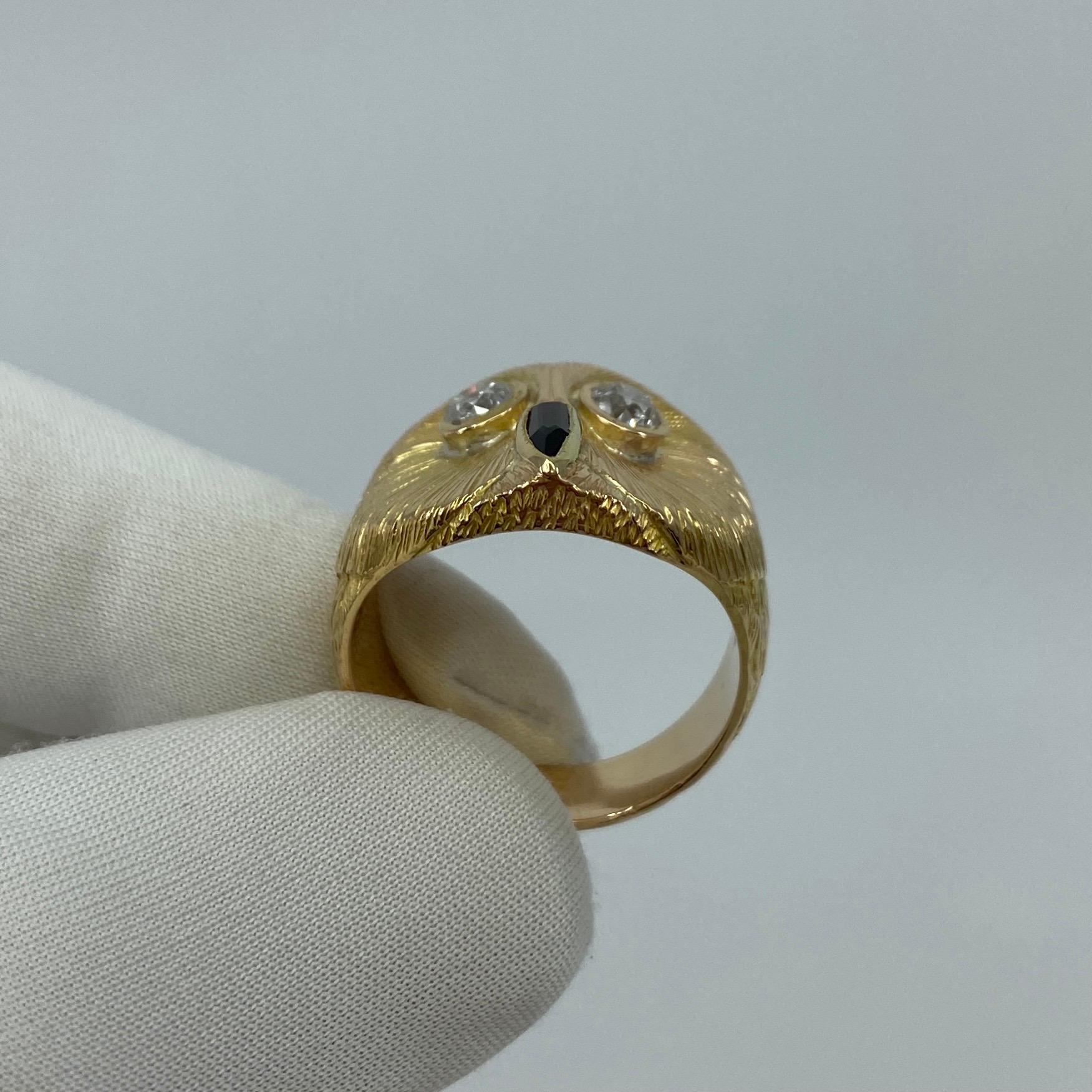Italian Handmade Diamond & Garnet Owl 18k Yellow Gold Vintage Ring 1