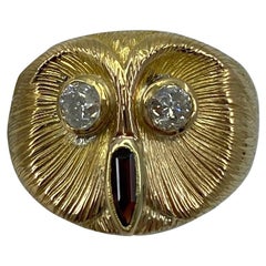 Italian Handmade Diamond & Garnet Owl 18k Yellow Gold Vintage Ring