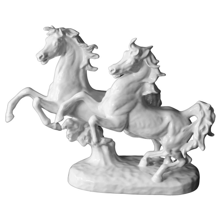 Italian Handmade Glazed Porcelain Two Horses Sculpture For Sale at 1stDibs