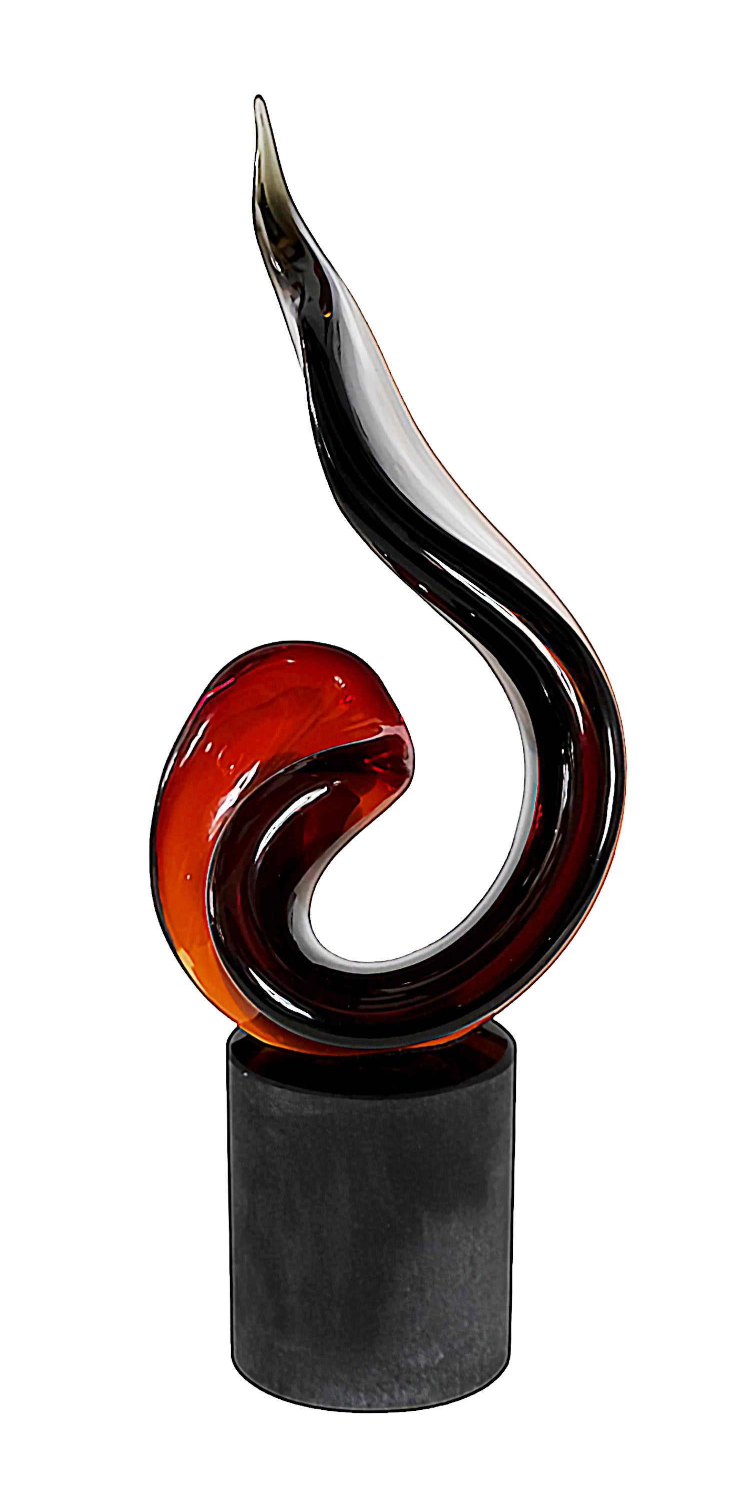 Italian handmade Murano glass abstract design sculpture.
Created and signed by Romano Dona.
The base is round in frosted black solid heavy glass. 
The sculpture element is in transition red, brown, grey color tones in the form of flame.

 