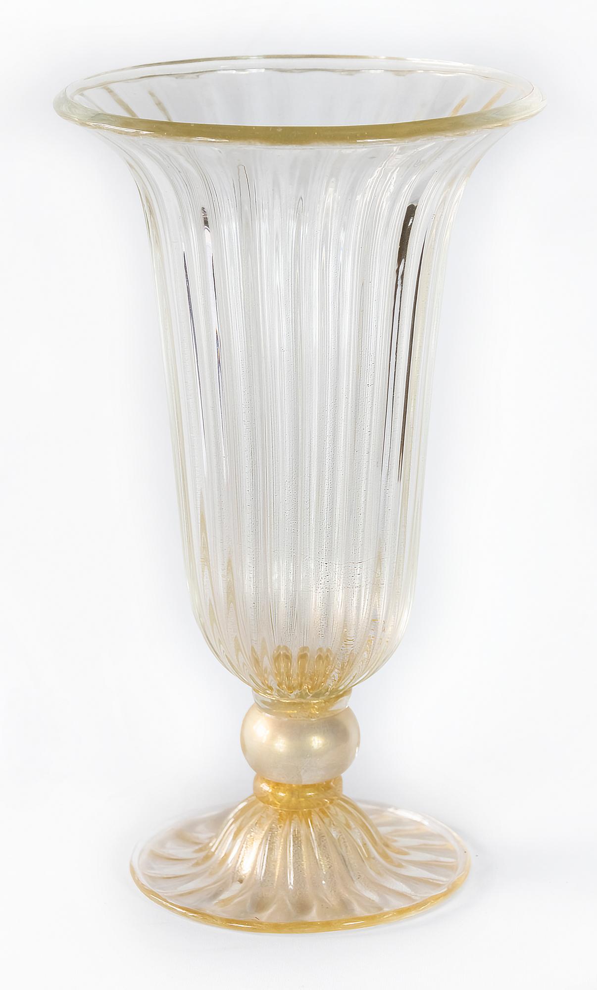 Italian handmade Murano glass vase by Alberto Dona.
This vase is created in the form of goblet. 
Murano glass is clear to yellow with inside gold dust.
Signed Alberto Dona Murano.
