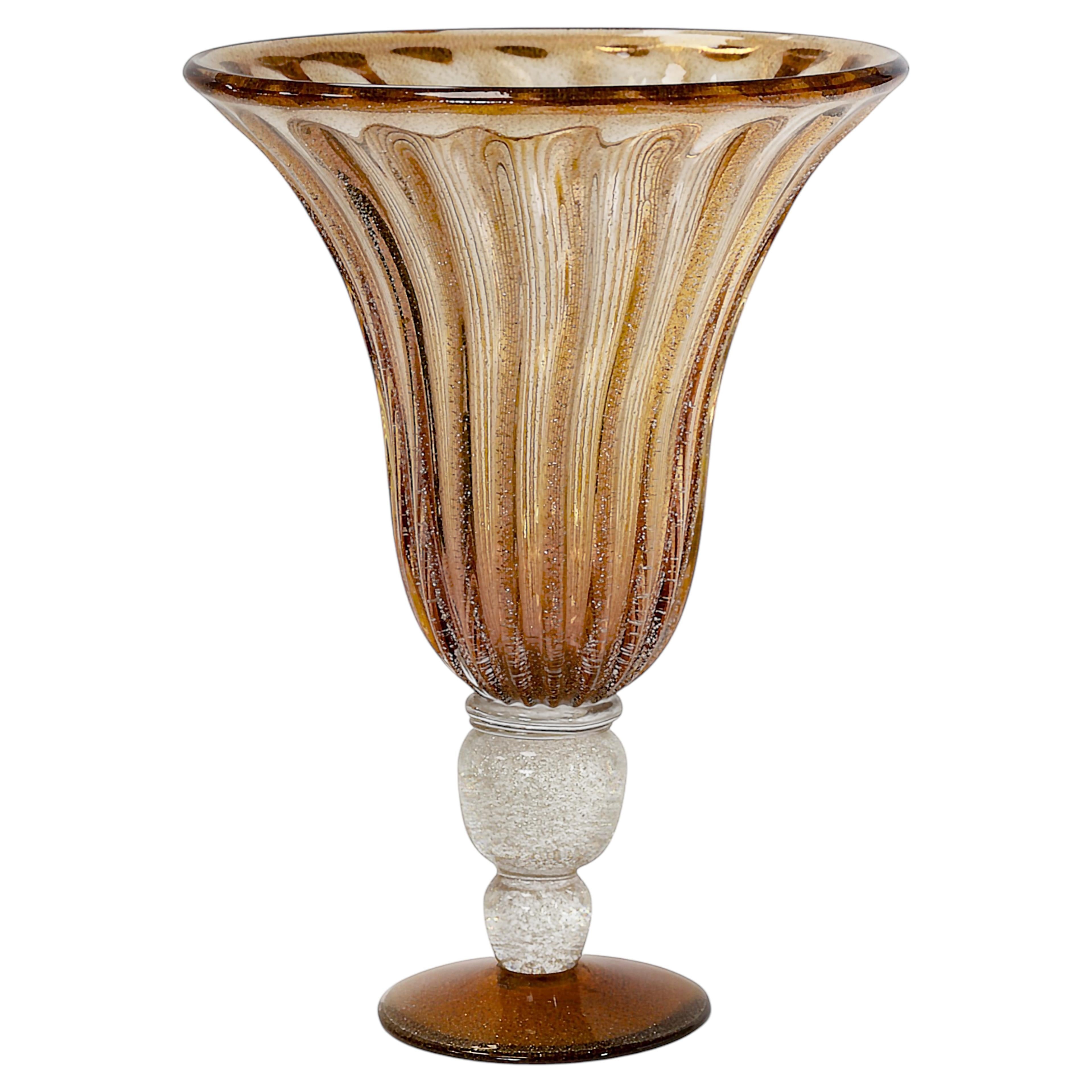 Italian Handmade Murano Glass Vase, Yellow Amber, Gold Dust, 2000