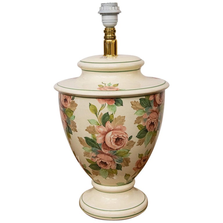 Italian Hand Painted Ceramic Table Lamp with Roses For Sale at 1stDibs