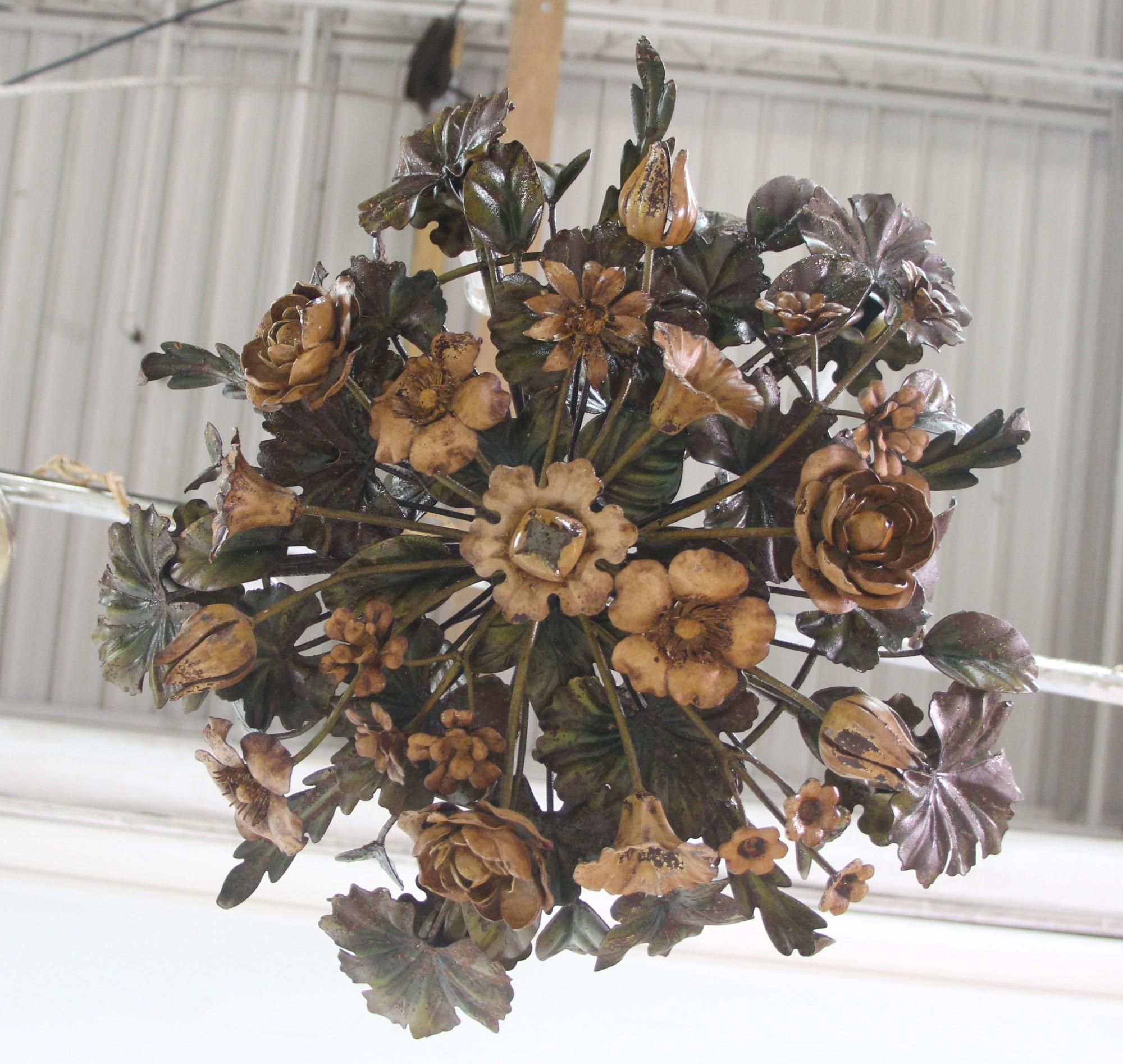 Italian Hanging Hand-Painted Colorful Tole Floral Chandelier 5 Arm 3