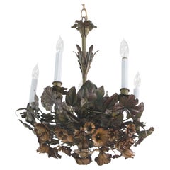 Italian Hanging Hand-Painted Colorful Tole Floral Chandelier 5 Arm