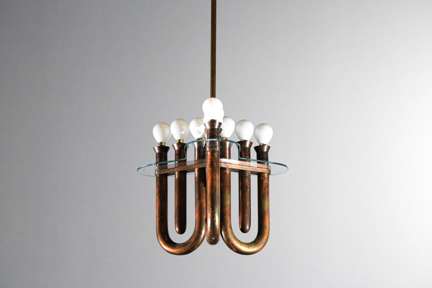 Mid-Century Modern Italian hanging lamp in bent copper tubes from the 50's For Sale