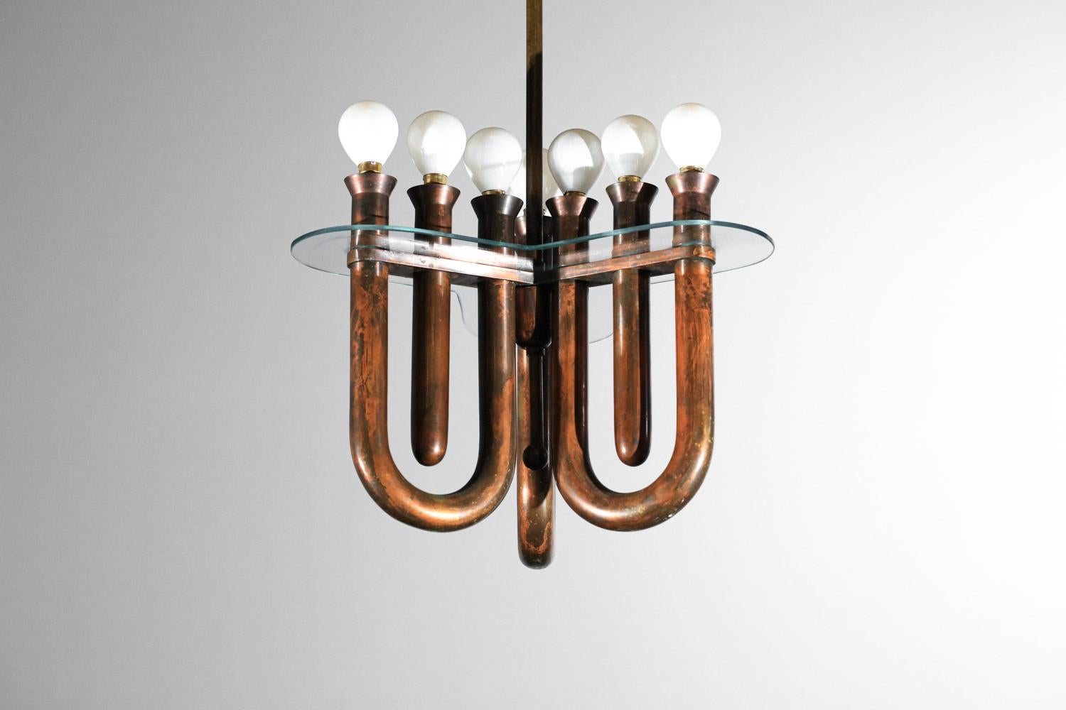Italian hanging lamp in bent copper tubes from the 50's In Good Condition For Sale In Lyon, FR