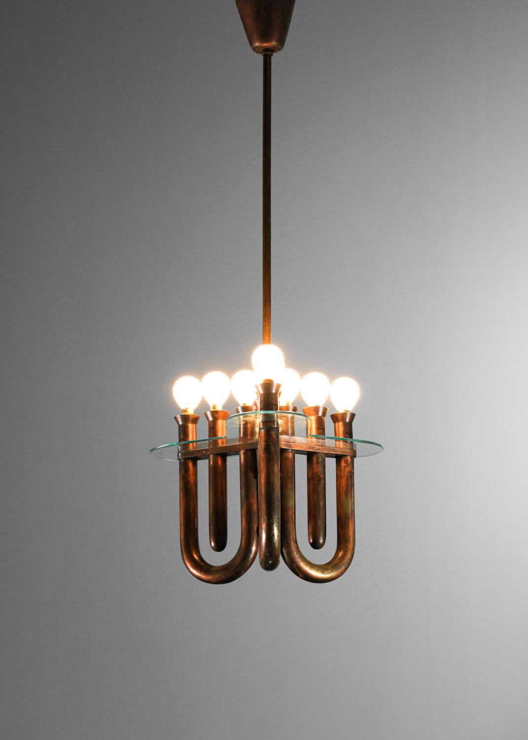 Mid-20th Century Italian hanging lamp in bent copper tubes from the 50's For Sale