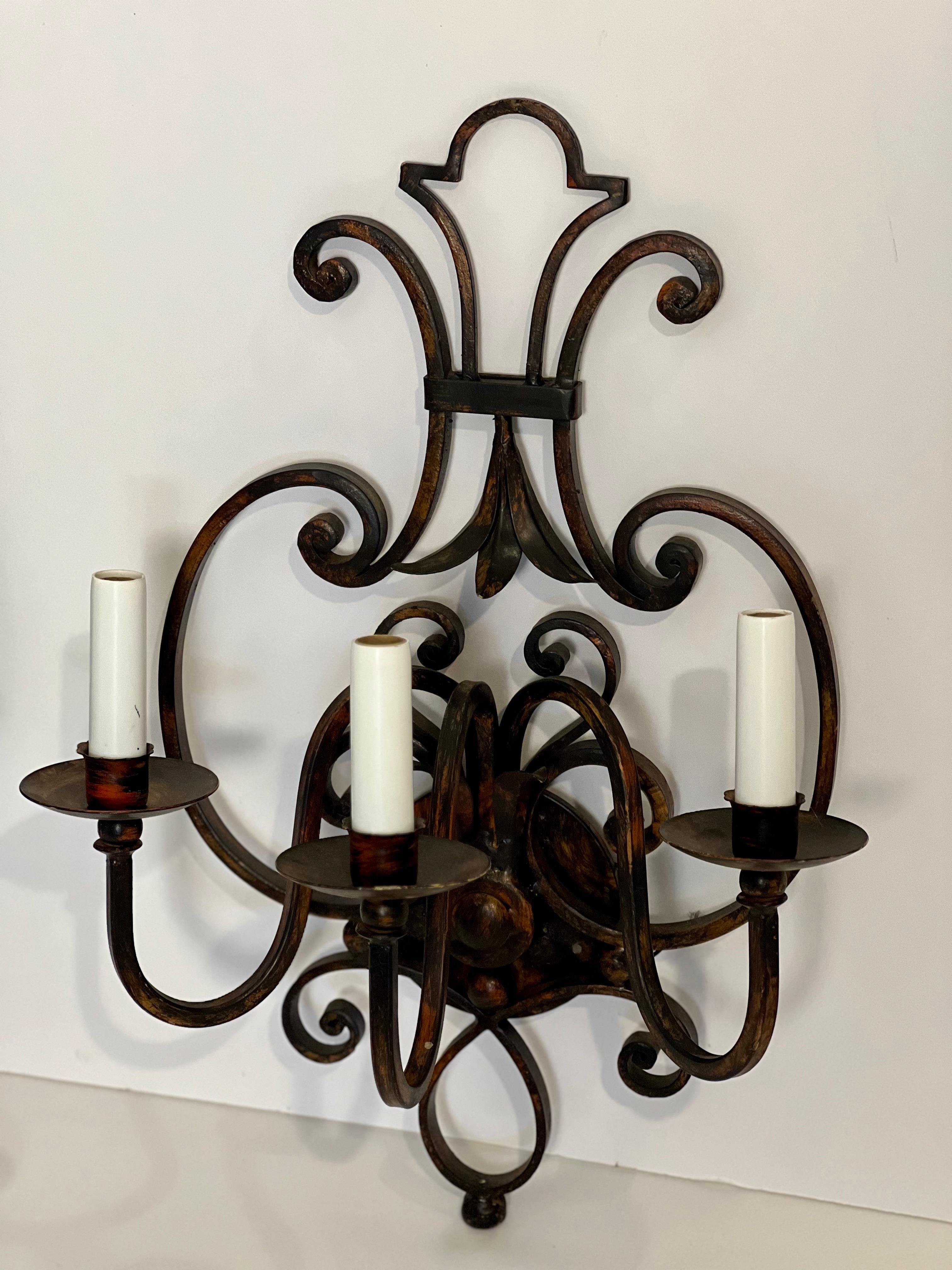 Baroque Italian Harp Shaped Iron Sconces in Blackened Rust For Sale