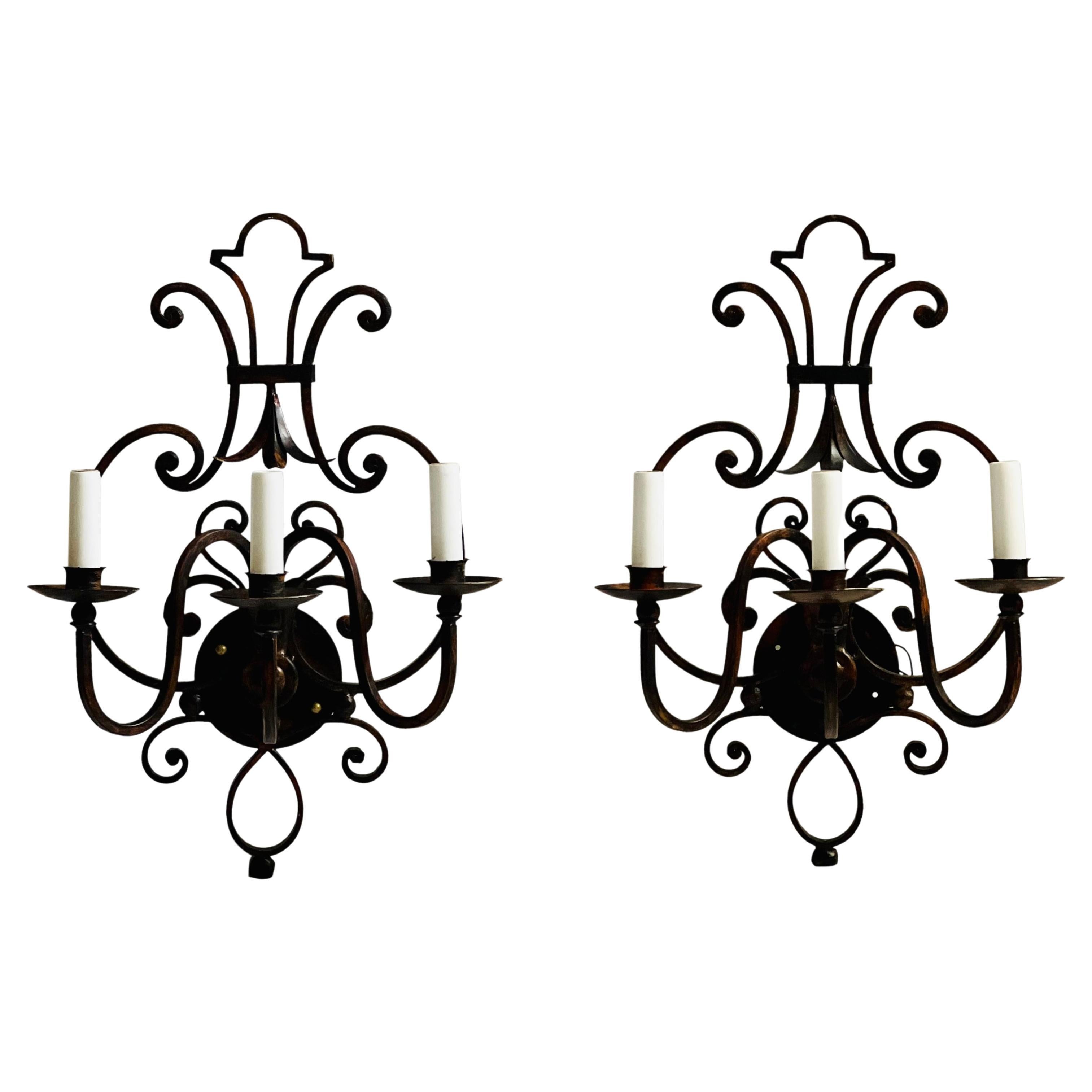 Italian Harp Shaped Iron Sconces in Blackened Rust For Sale