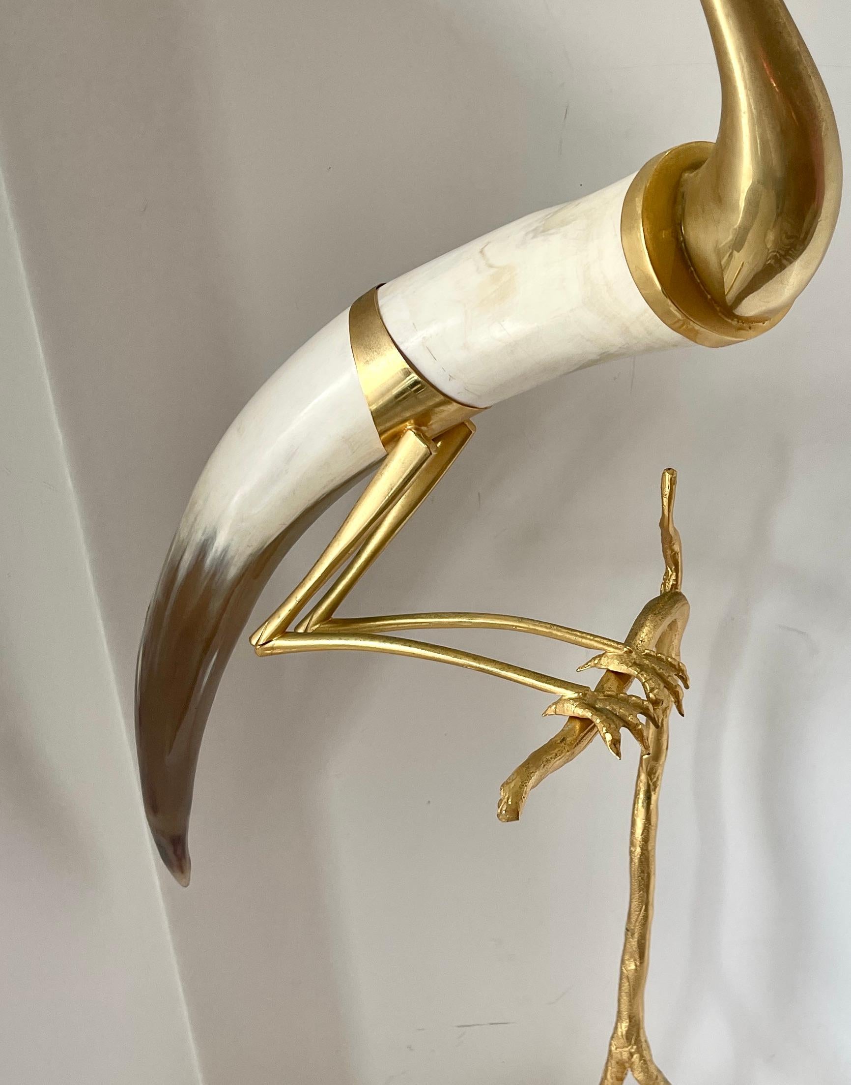 Mid-Century Modern Italian Hauy Pouigo Perched Bird Sculpture with Horn & Dore Bronze For Sale
