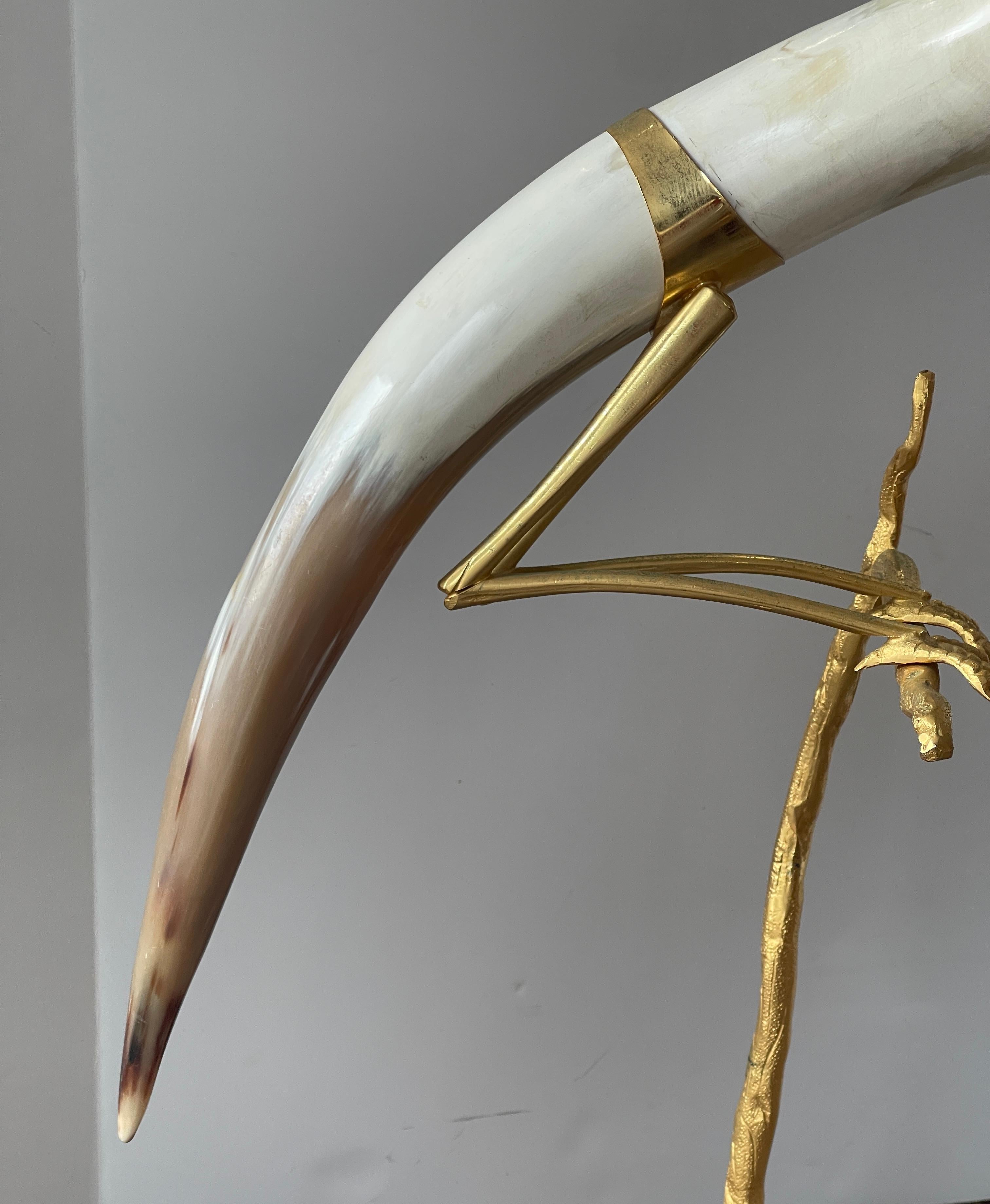 Italian Hauy Pouigo Perched Bird Sculpture with Horn & Dore Bronze For Sale 1