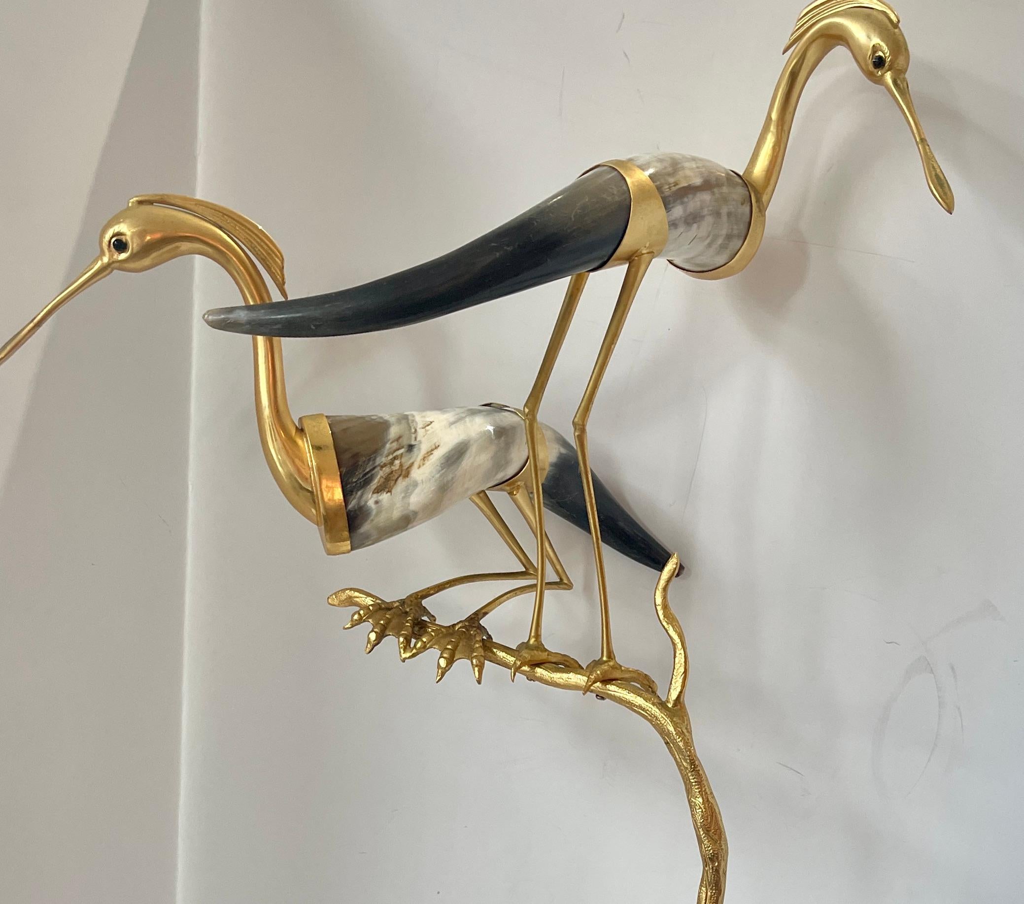 Italian Hauy Pouigo Perched Birds Sculpture with natural Horns & Dore Bronze For Sale 6