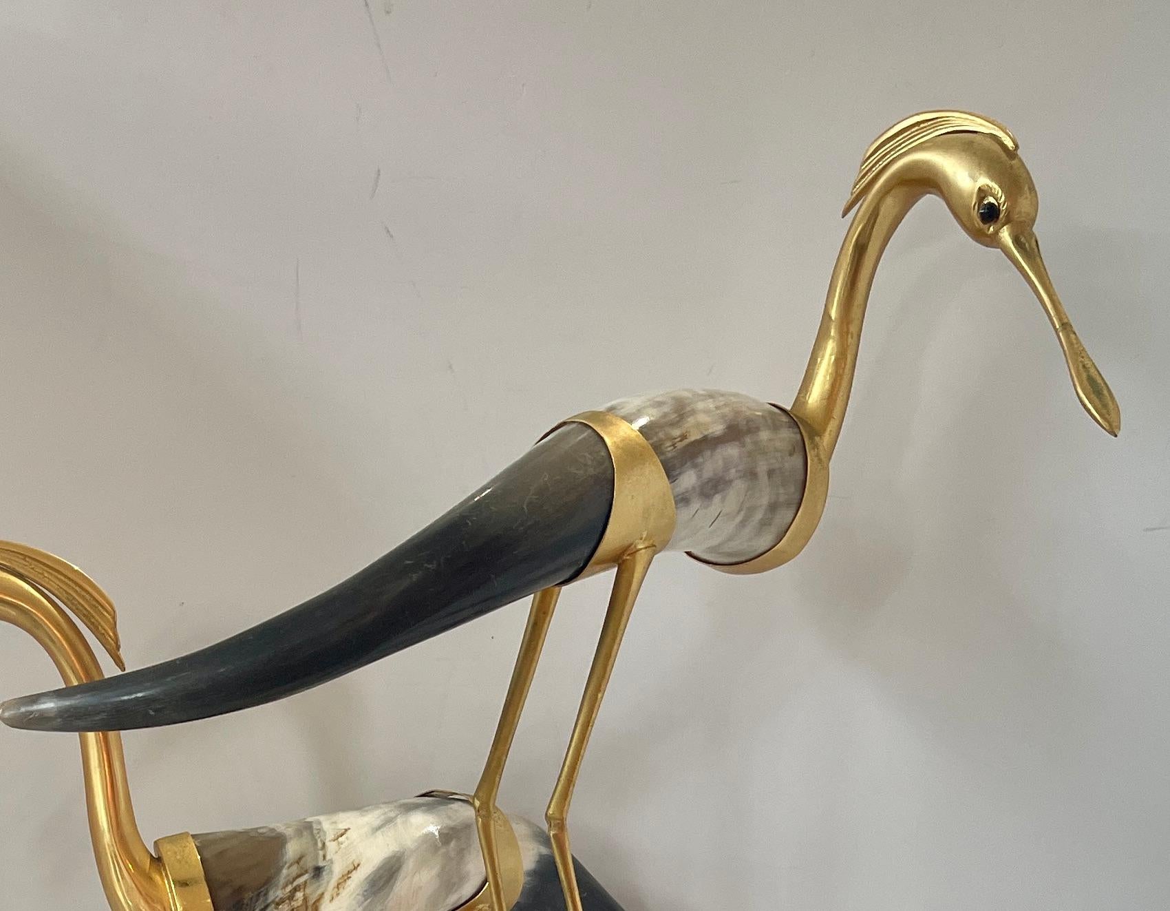 Italian Hauy Pouigo Perched Birds Sculpture with natural Horns & Dore Bronze For Sale 7