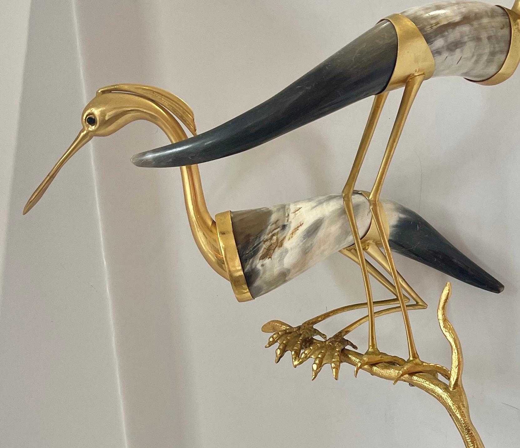 Hand-Crafted Italian Hauy Pouigo Perched Birds Sculpture with natural Horns & Dore Bronze For Sale