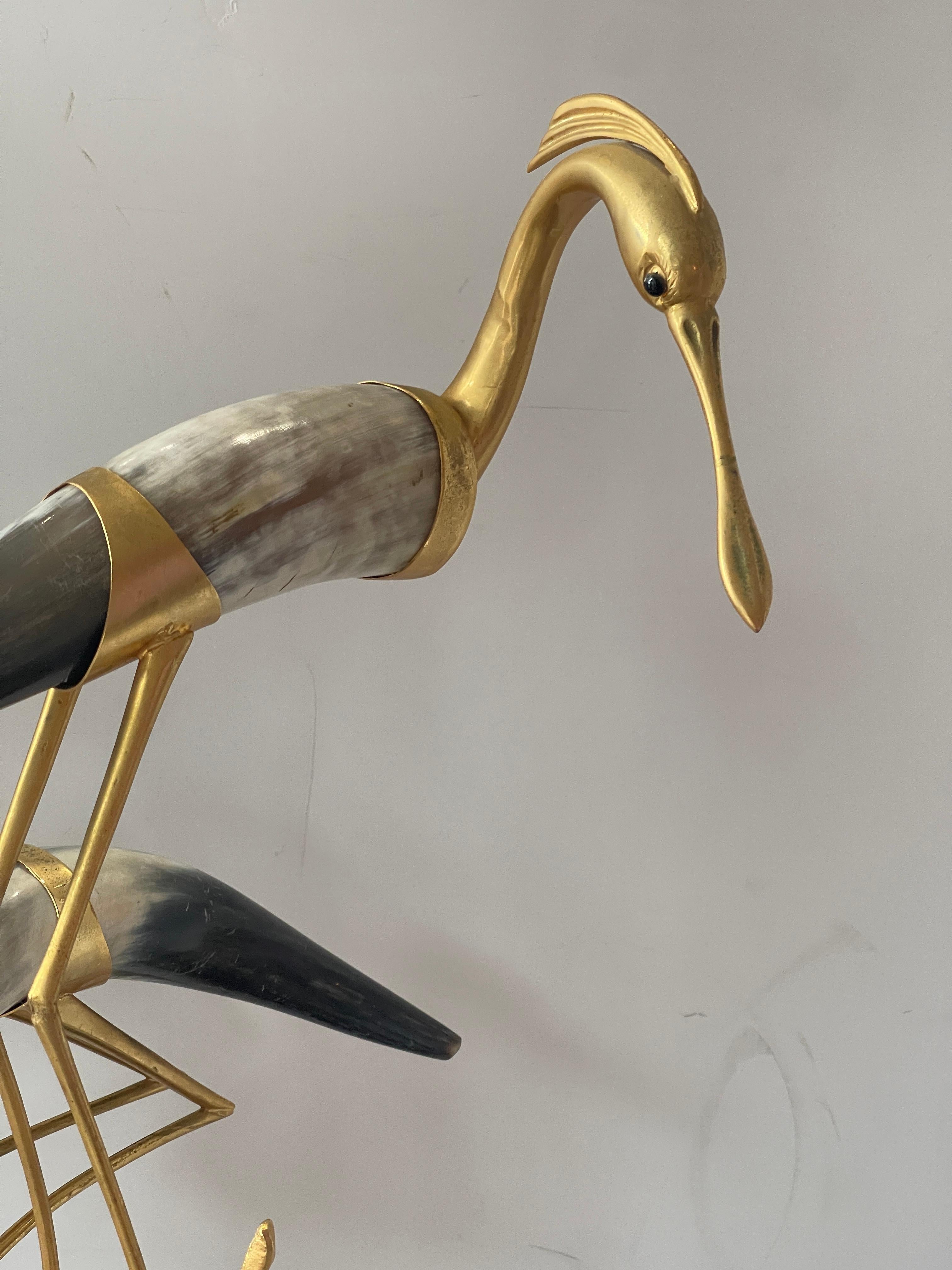 Italian Hauy Pouigo Perched Birds Sculpture with natural Horns & Dore Bronze In Good Condition For Sale In West Palm Beach, FL