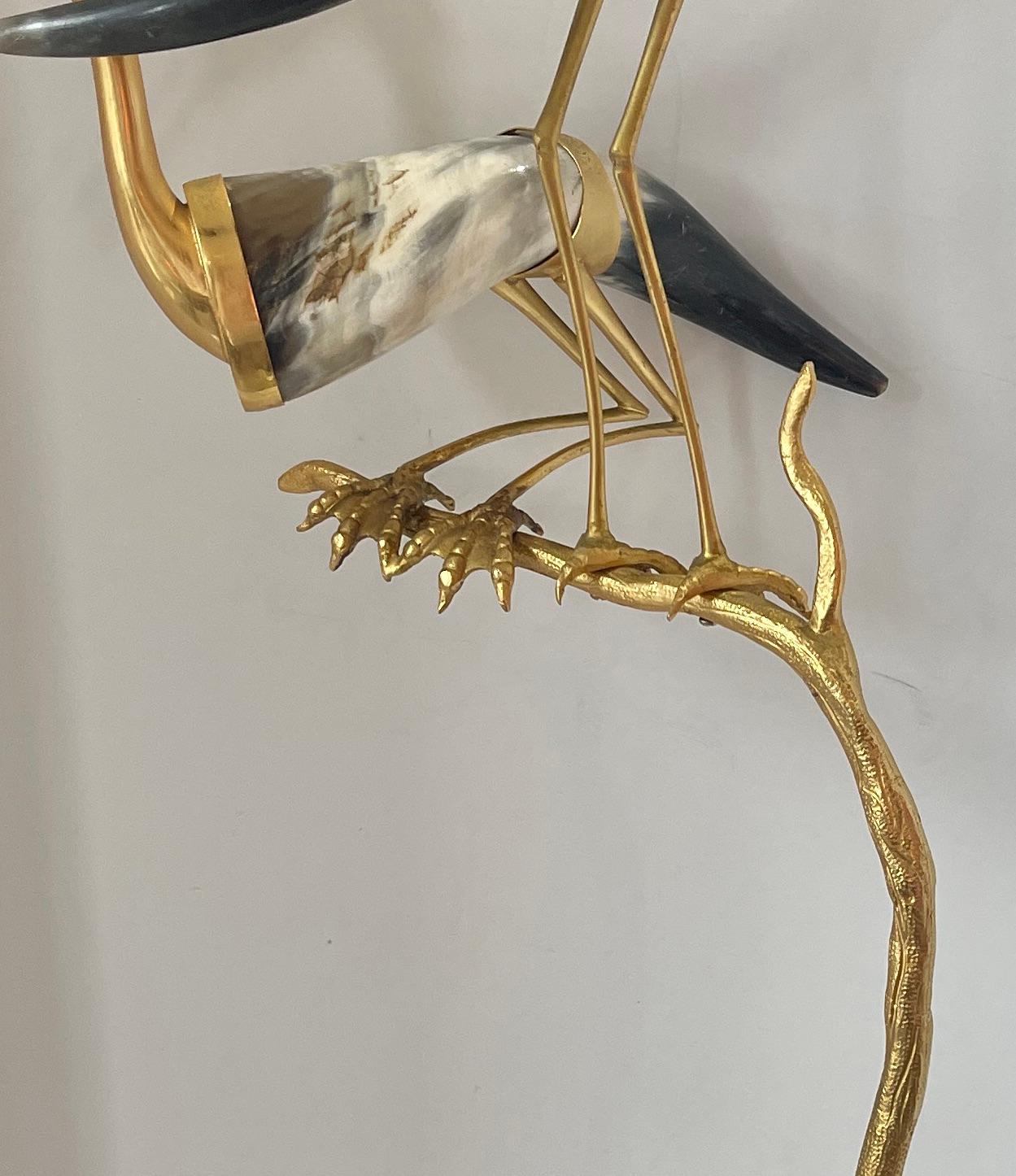 Late 20th Century Italian Hauy Pouigo Perched Birds Sculpture with natural Horns & Dore Bronze For Sale