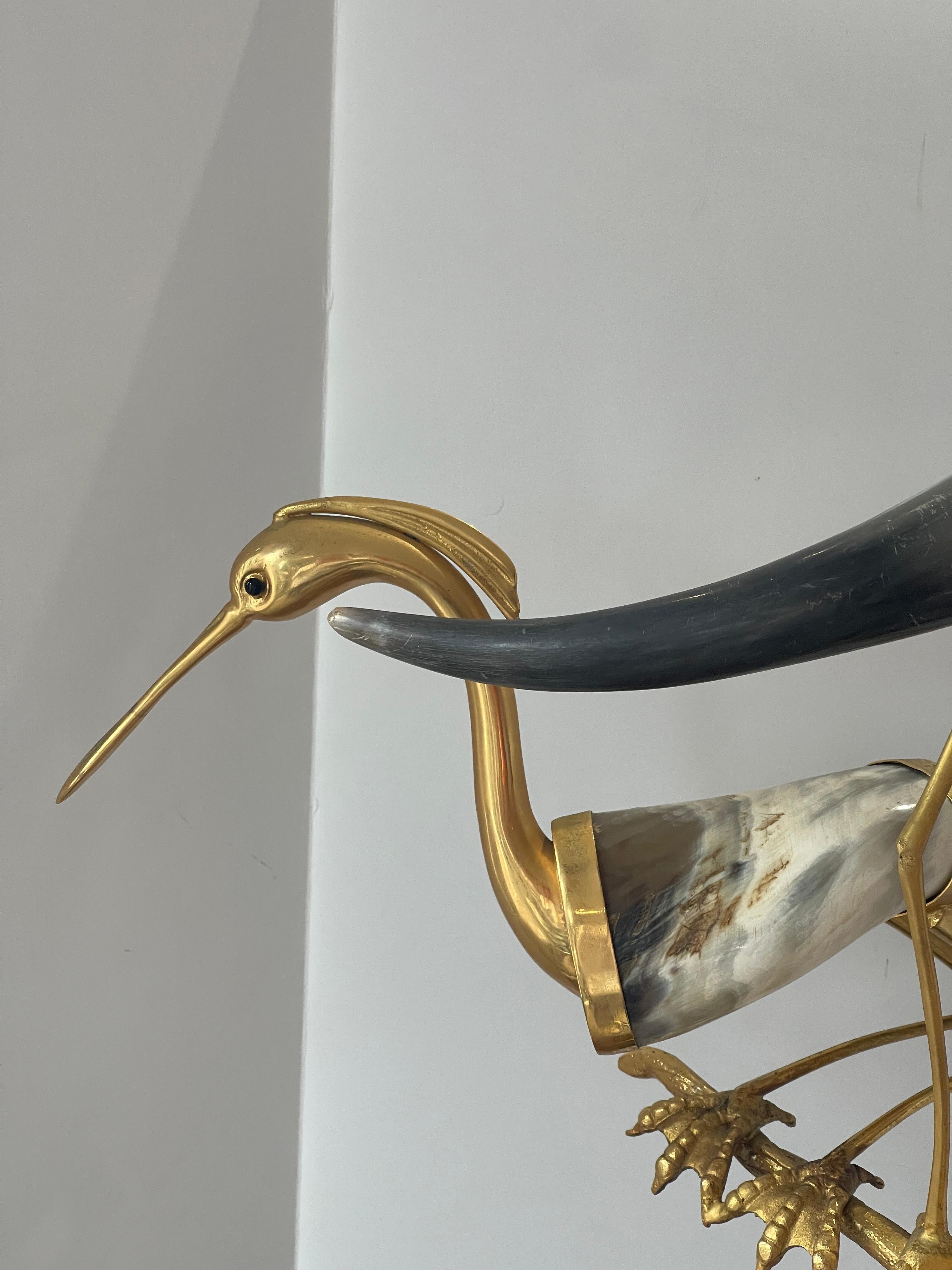 Italian Hauy Pouigo Perched Birds Sculpture with natural Horns & Dore Bronze For Sale 2