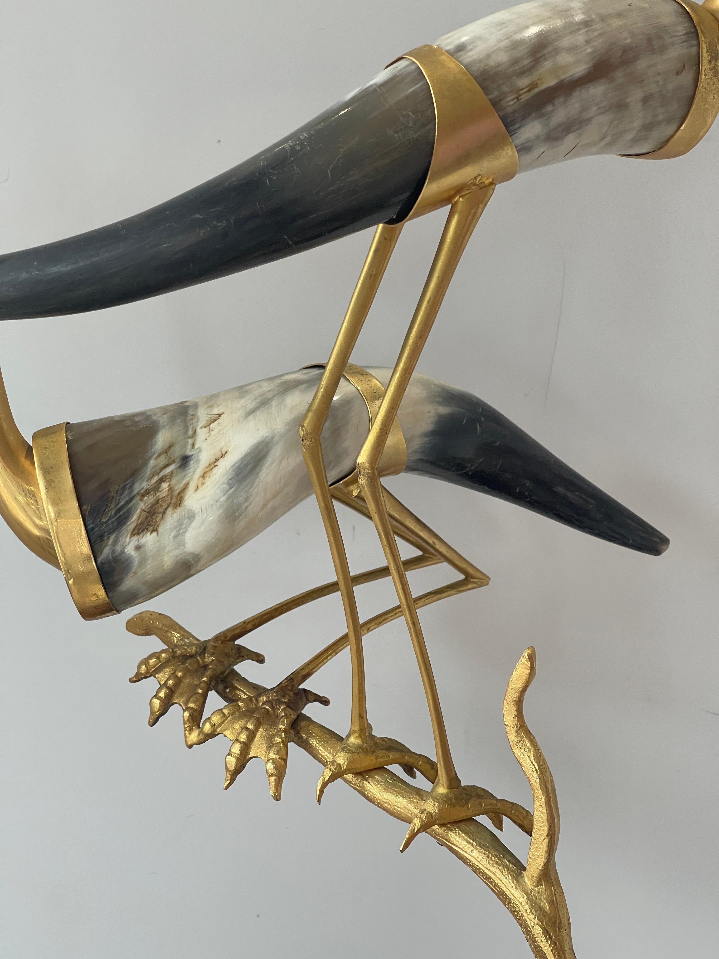 Italian Hauy Pouigo Perched Birds Sculpture with natural Horns & Dore Bronze For Sale 3