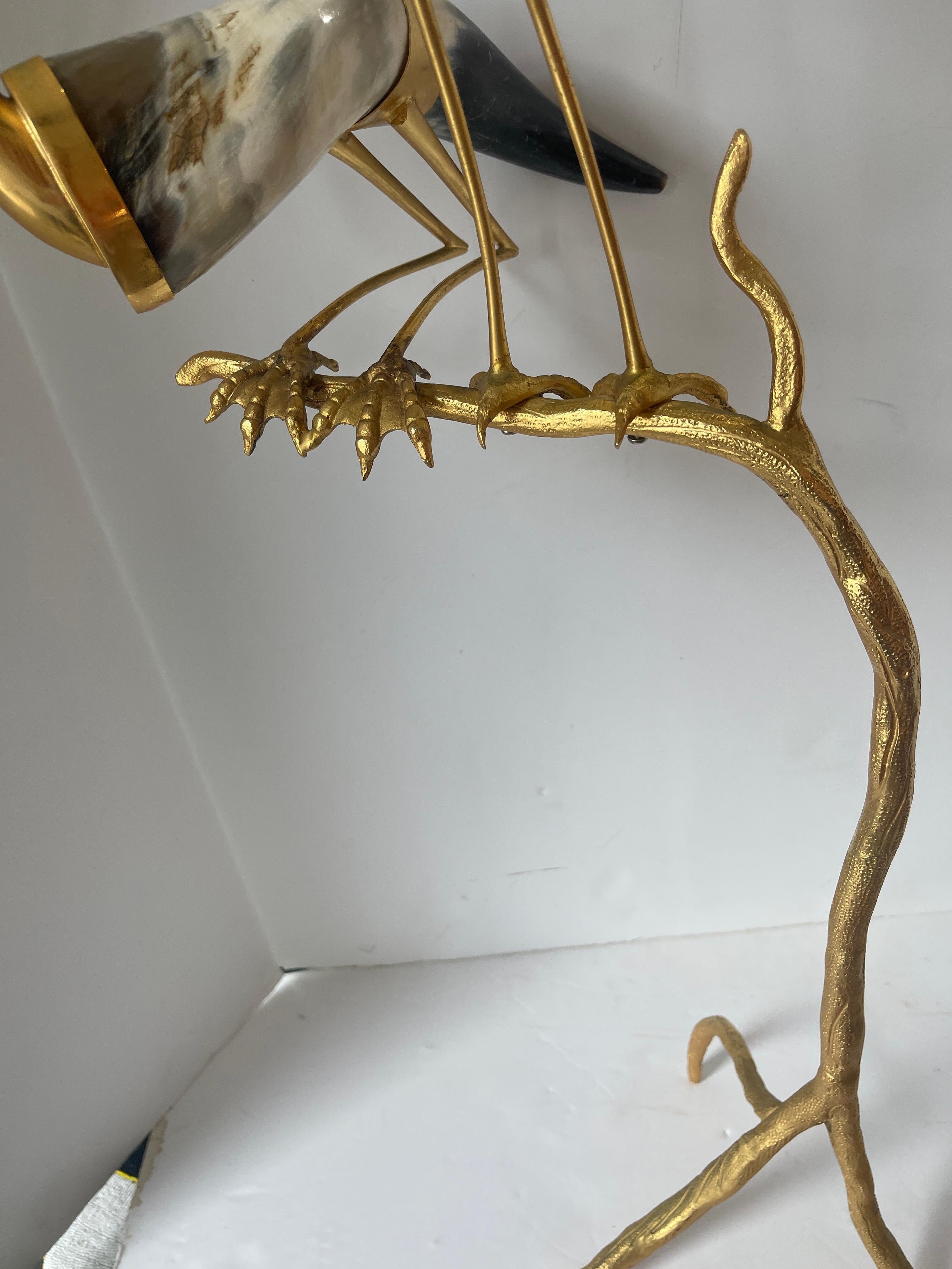 Italian Hauy Pouigo Perched Birds Sculpture with natural Horns & Dore Bronze For Sale 4