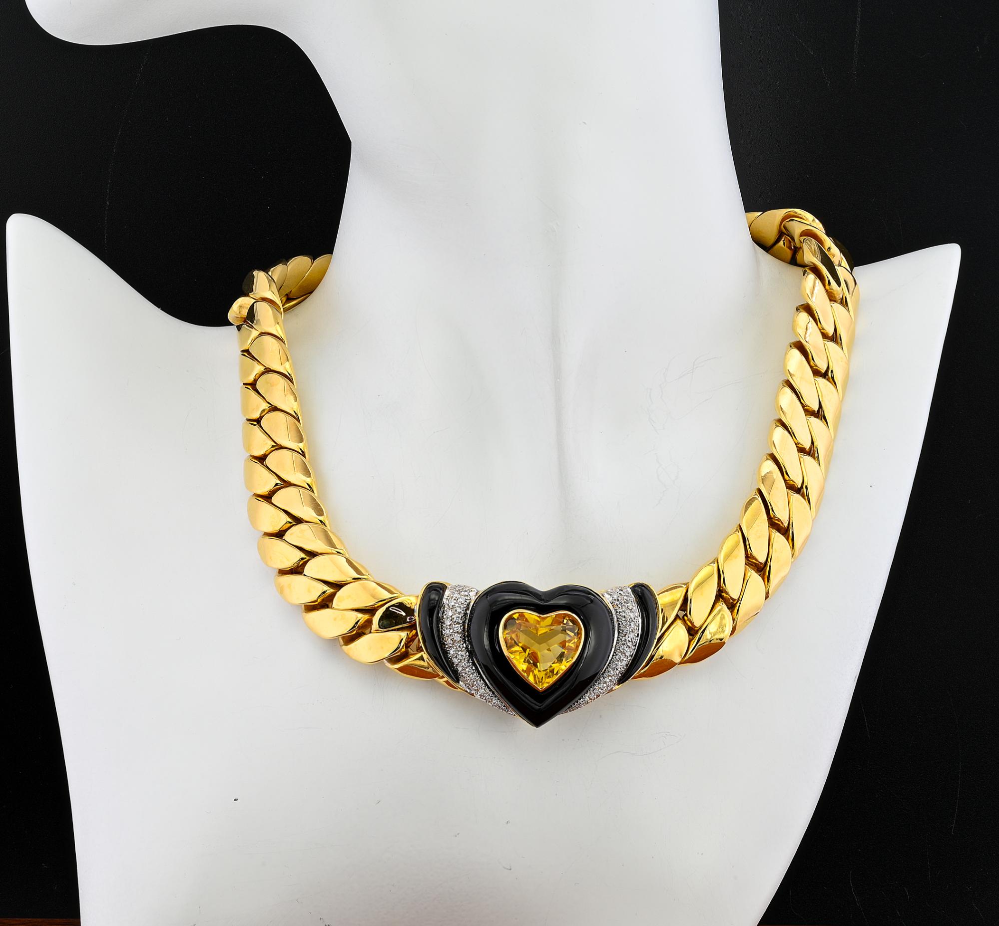 Italian Heart Citrine Black Onyx Diamond 18 KT Cuban Link Necklace For Sale 4