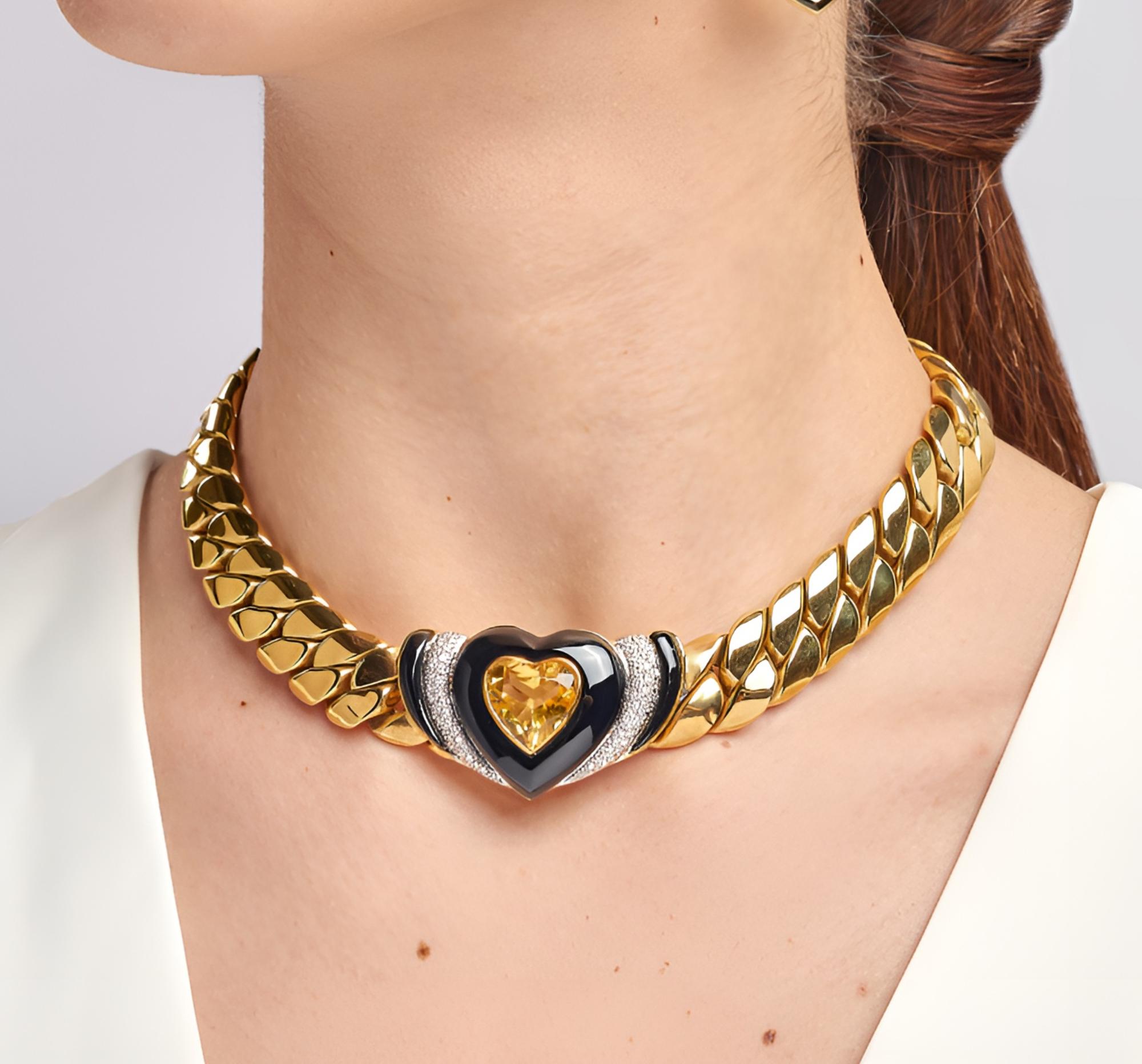 Italian Heart Citrine Black Onyx Diamond 18 KT Cuban Link Necklace For Sale 5