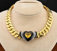Italian Heart Citrine Black Onyx Diamond 18 KT Cuban Link Necklace