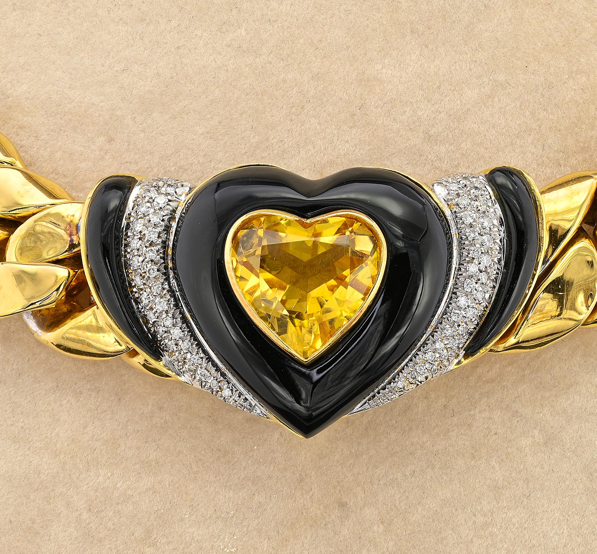 Contemporary Italian Heart Citrine Black Onyx Diamond 18 KT Cuban Link Necklace For Sale